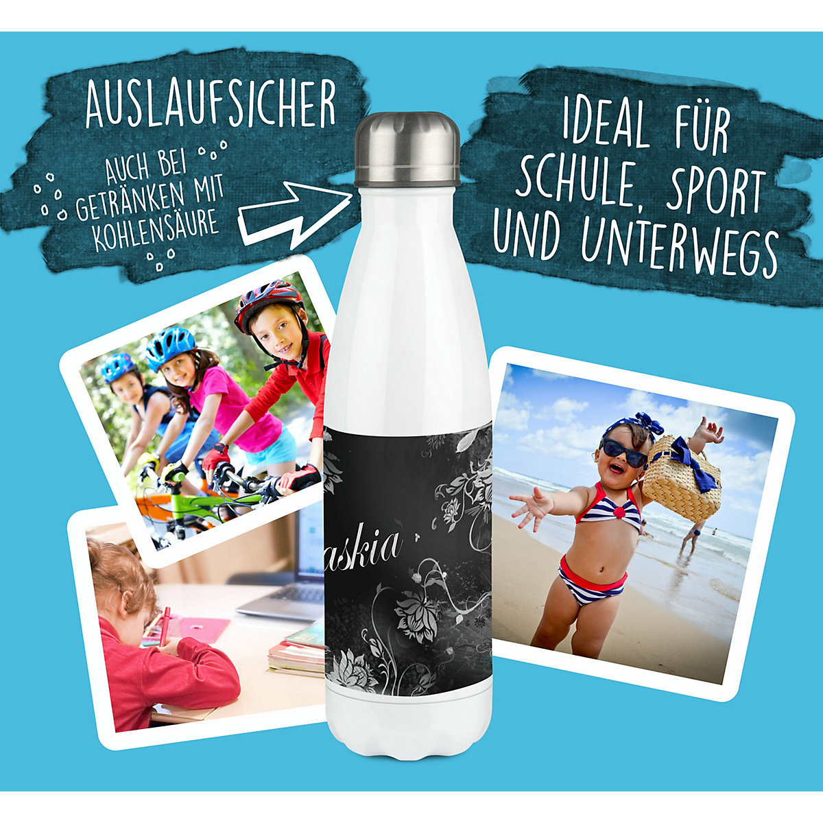 Edelstahl Kinder Thermoflasche / Trinkflasche bunt Blumenranke Farbe schwarz Spülmaschinenfest, Auslaufsicher, Bruchfest, Doppelwandig, Für Heißgetränke geeignet, Mit Deckel, Isoliert