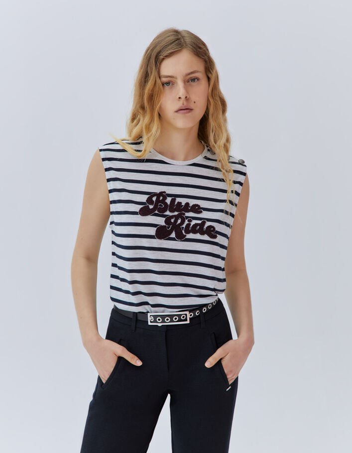 Tee-shirt gris chiné rayé broderie bouclette Femme