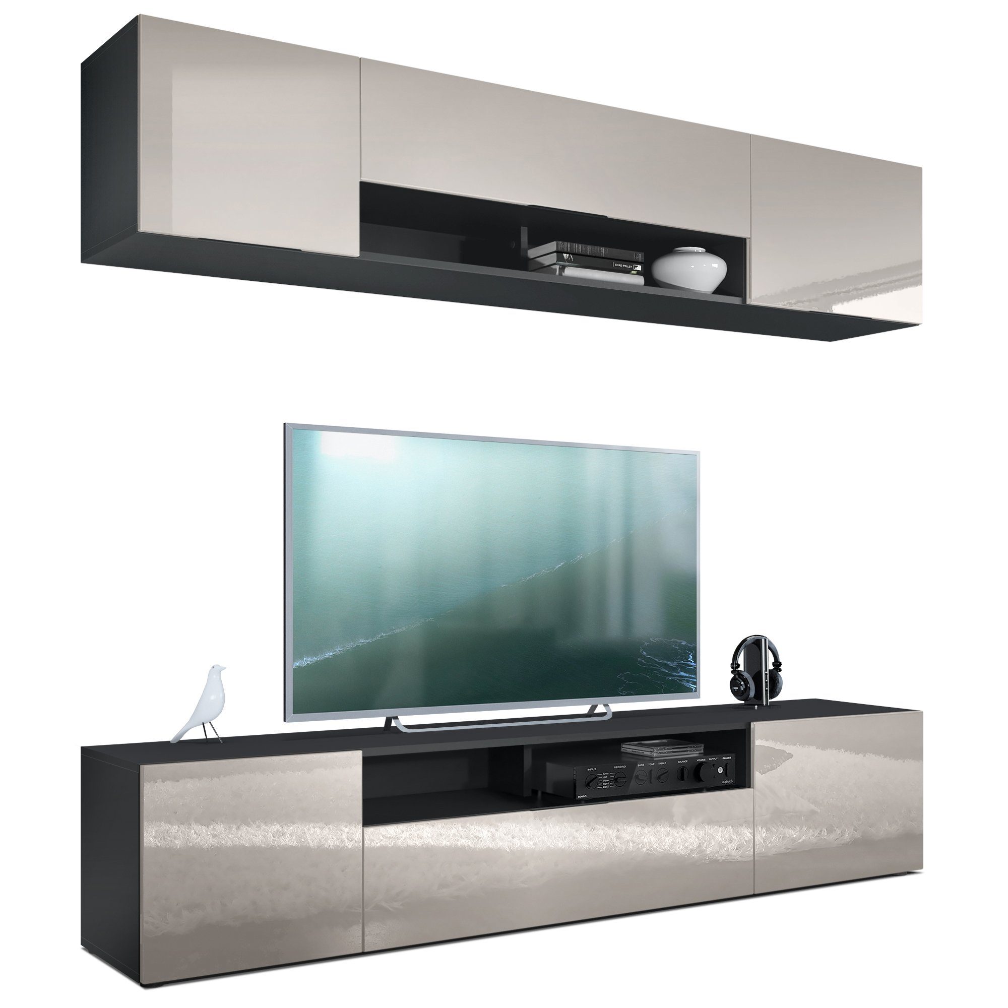 Vladon Wohnwand Mogan, (Anbauwand bestehend aus 2 TV-Boards, 2-St., mit jeweils 2 Türen, 1 Klappe und 1 offenes Fach), Schwarz matt/Sandgrau Hochglanz 2x (181 x 39 x 35 cm)