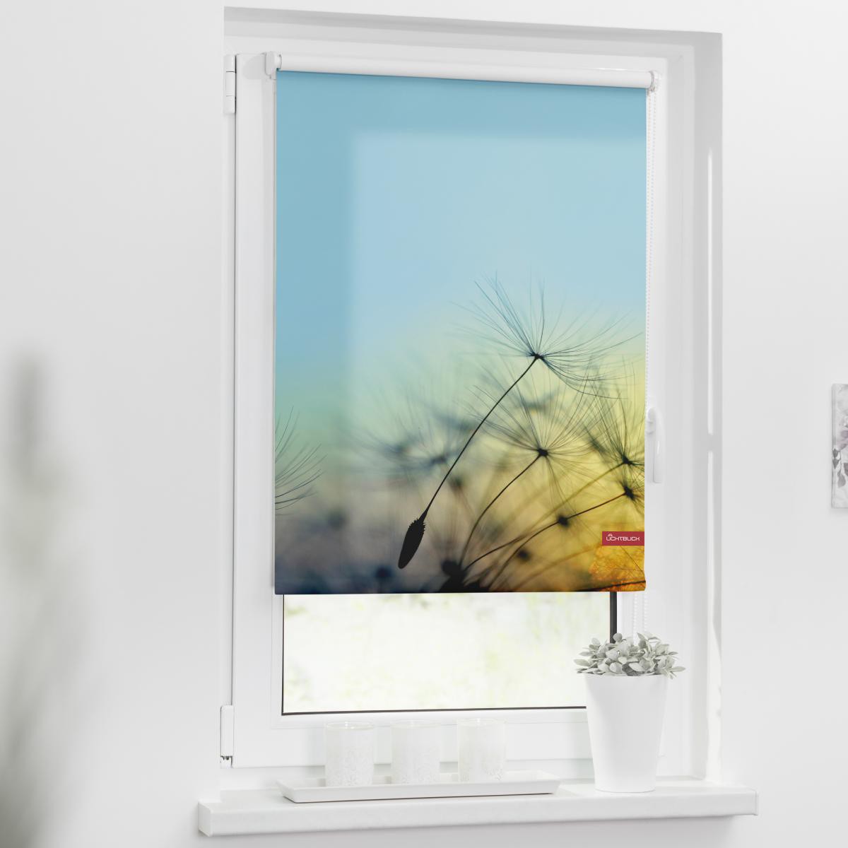 Lichtblick Rollo Klemmfix, ohne Bohren, blickdicht, Pusteblume - Blau, 80 x 150 cm (B x L)