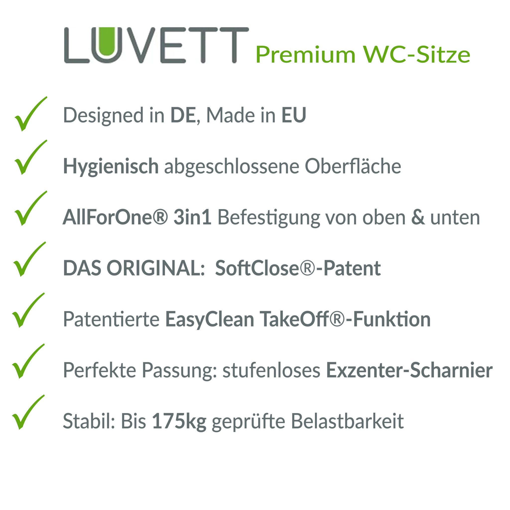 LUVETT WC-Sitz Farben C100 (Komplett-Set, Inklusive 3 Befestigungsarten), mit Original SoftClose® Absenkautomatik, Duroplast