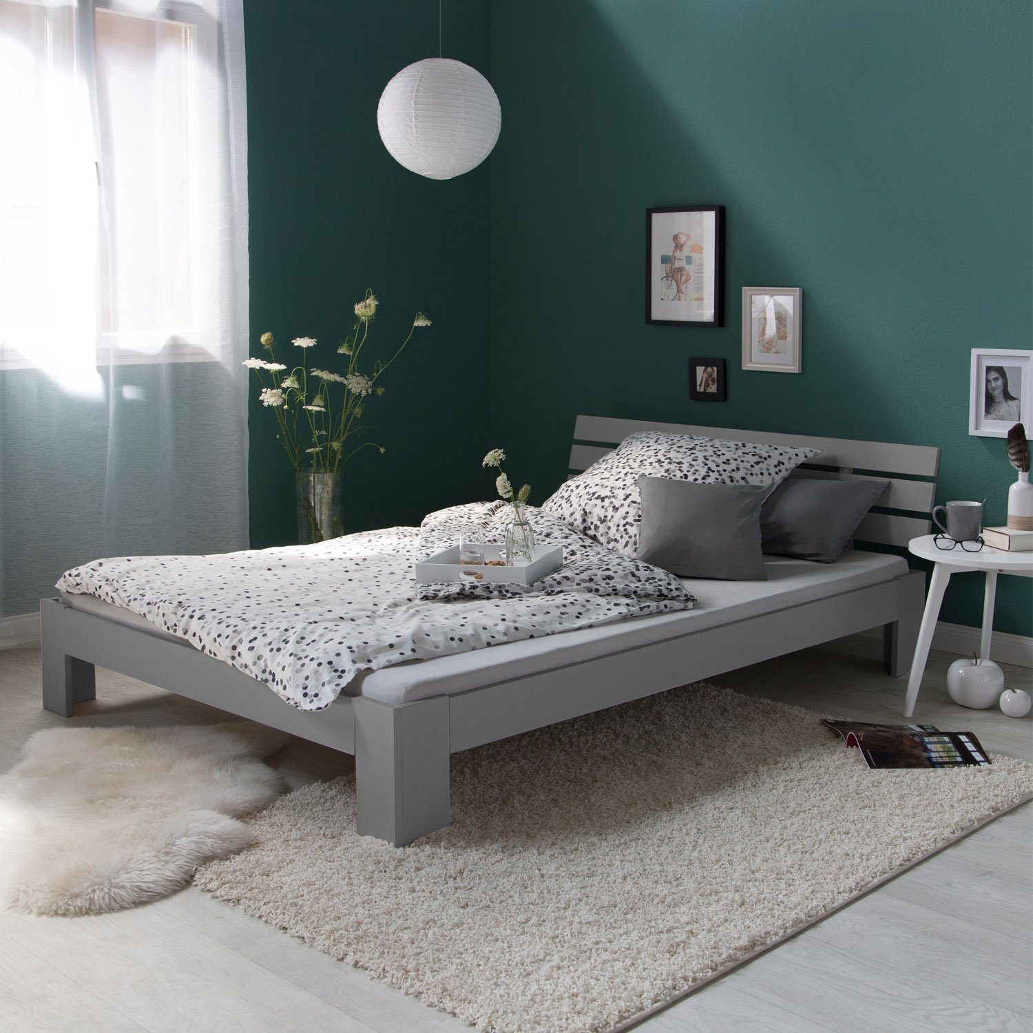 Homestyle4u Holzbett Doppelbett Futonbett 120x200 Grau massive Kiefer