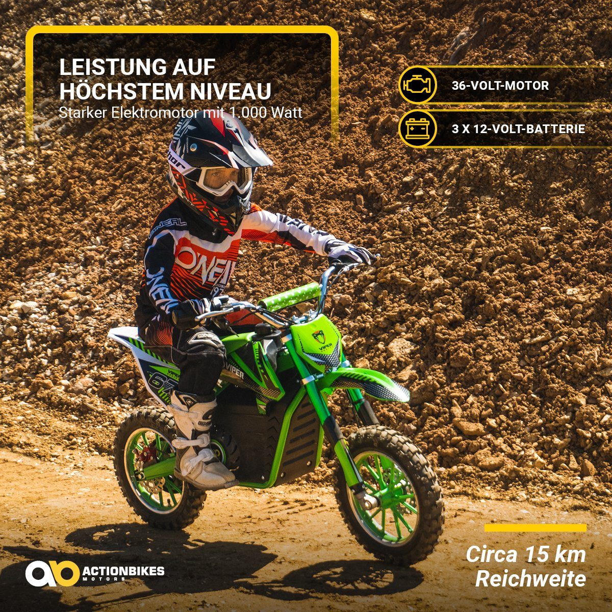 Actionbikes Motors electric children's motorcycle children's cross bike Viper 1000 W electric - 3 levels - up to 25 km/h, load capacity 60 kg, (1 piece), mini dirt bike electric minicross pit bike pocket bike from 5 years