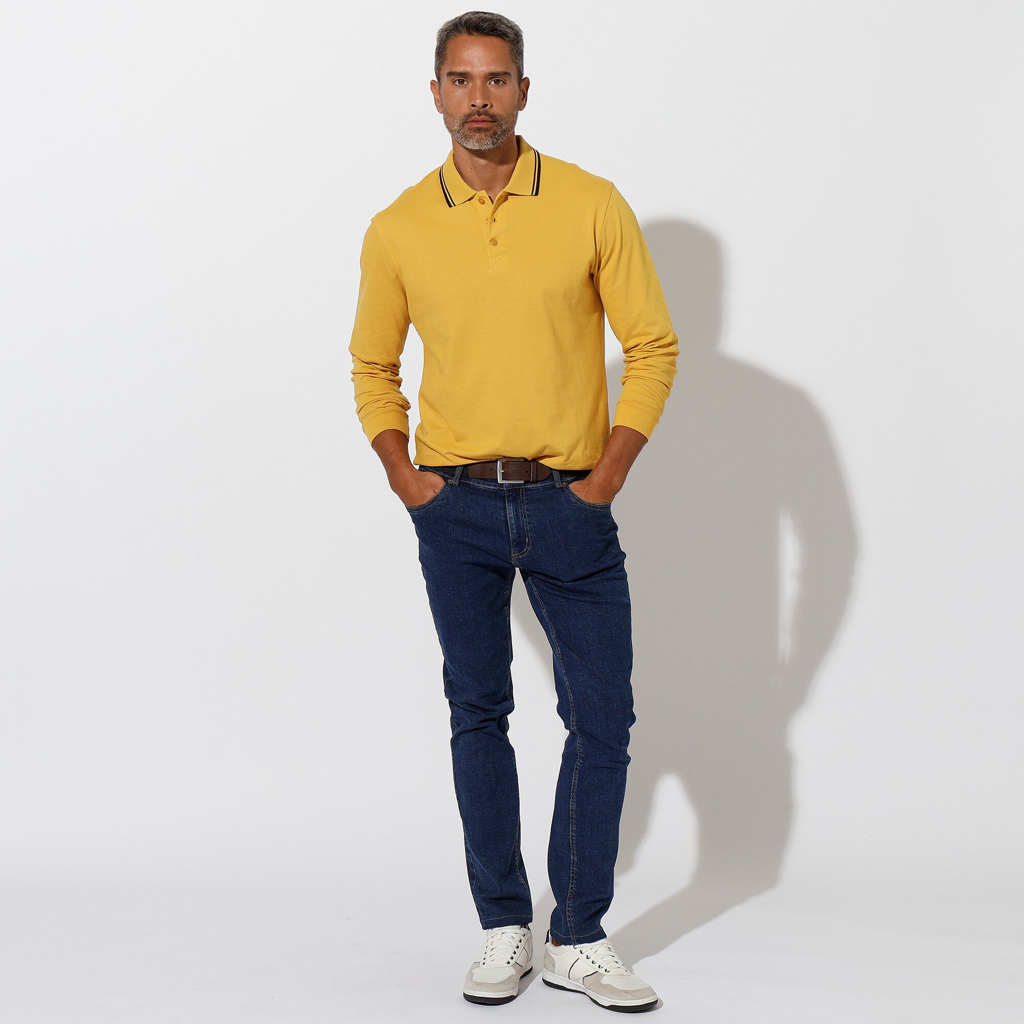 Polo uni maille piquée manches longues