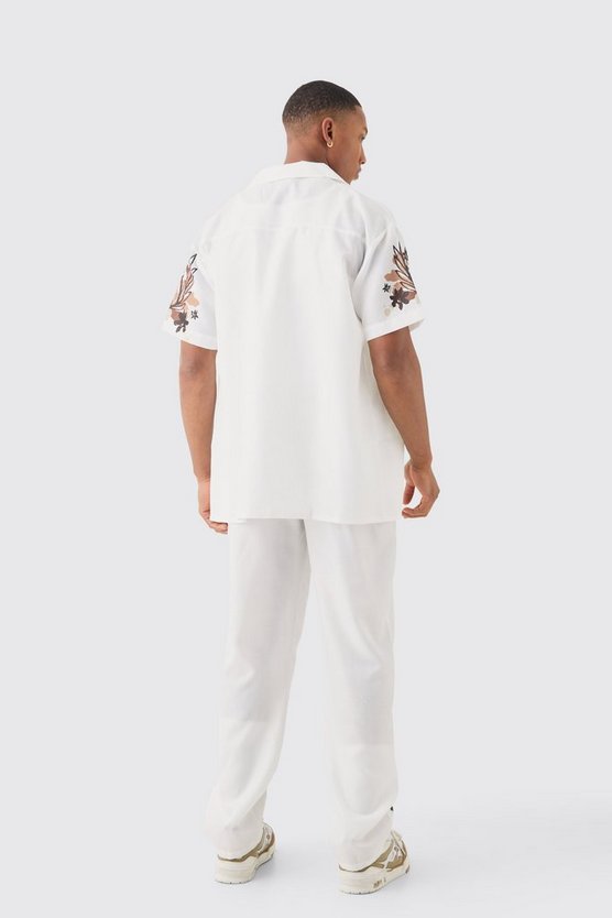 Leinen-Look Hemd mit floralem Saum & Hose