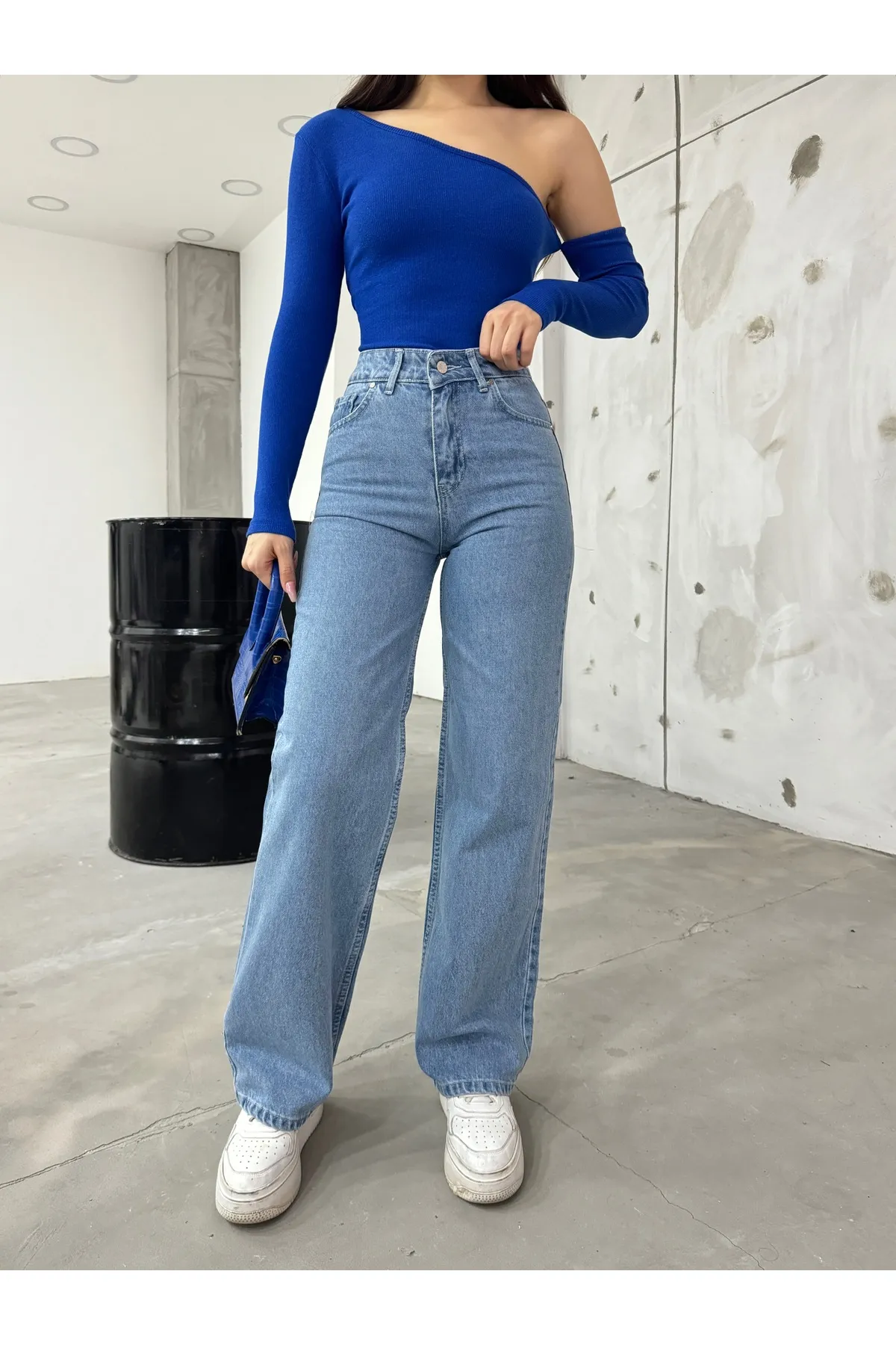 BİKELİFE  Blaue Jeans mit hoher Taille und weitem Bein aus Lycra-Stretch für Damen