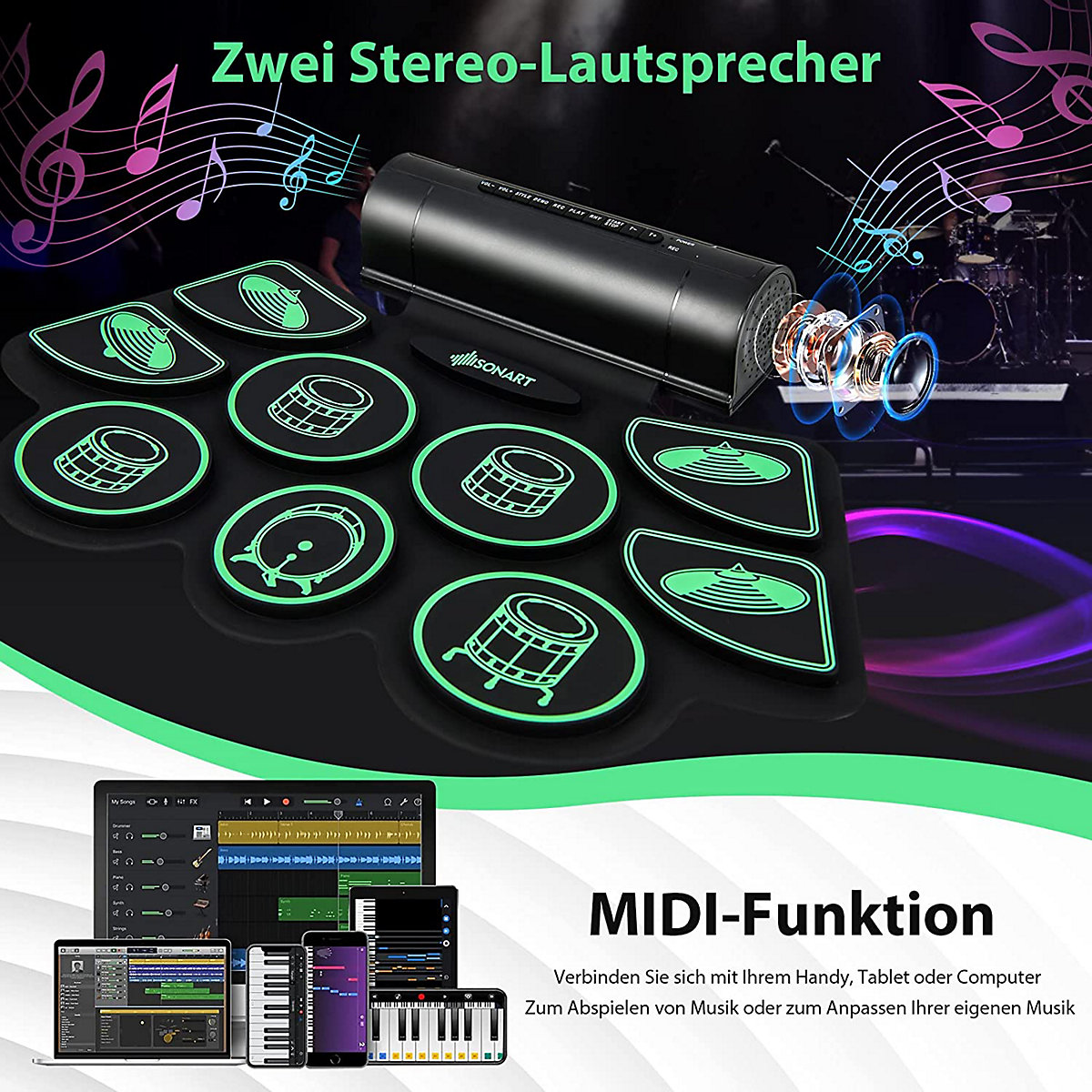 9 Pads E-Drum Roll-Up-Trommel mit 2 Pedale & 2 Drumsticks