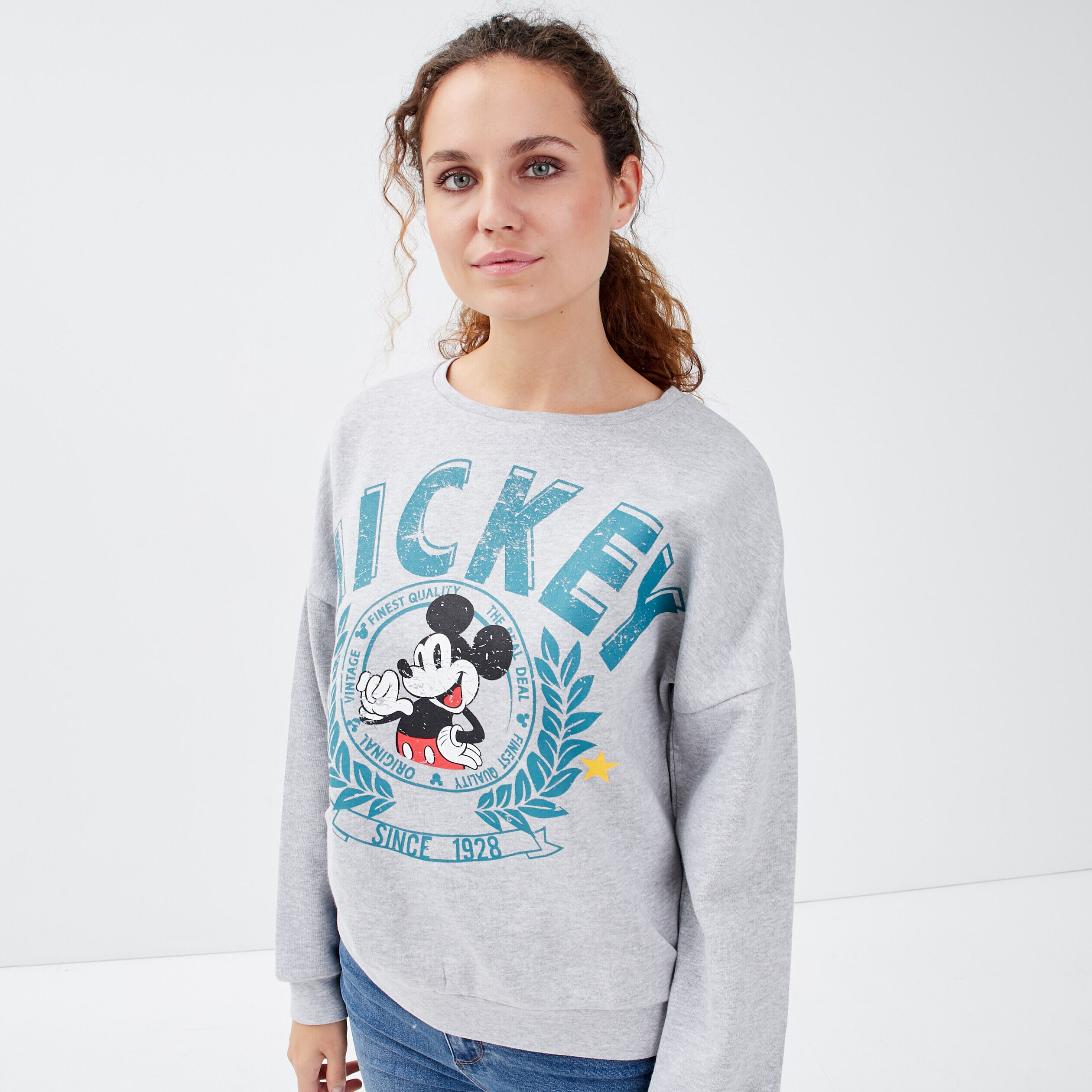 Sweat manches longues Mickey gris clair femme | Cache Cache