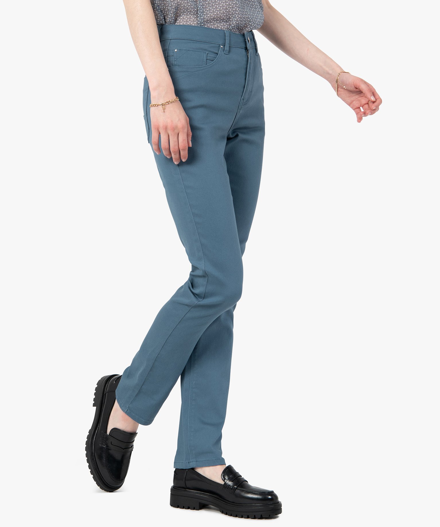 Pantalon femme en coton stretch coupe Regular bleu | GEMO