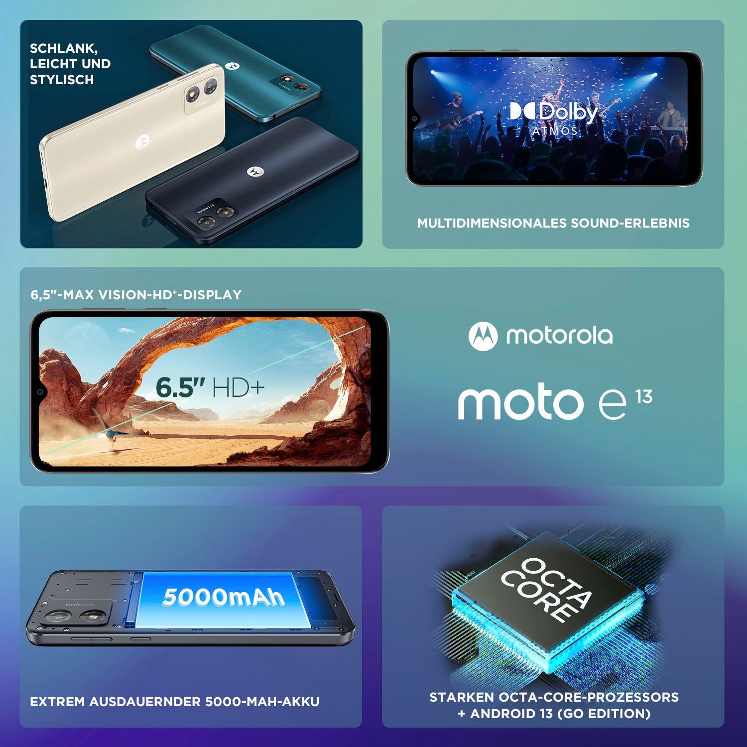 Motorola E13 Smartphone (16,56 cm/6,52 Zoll, 64 GB Speicherplatz, 13 MP Kamera)