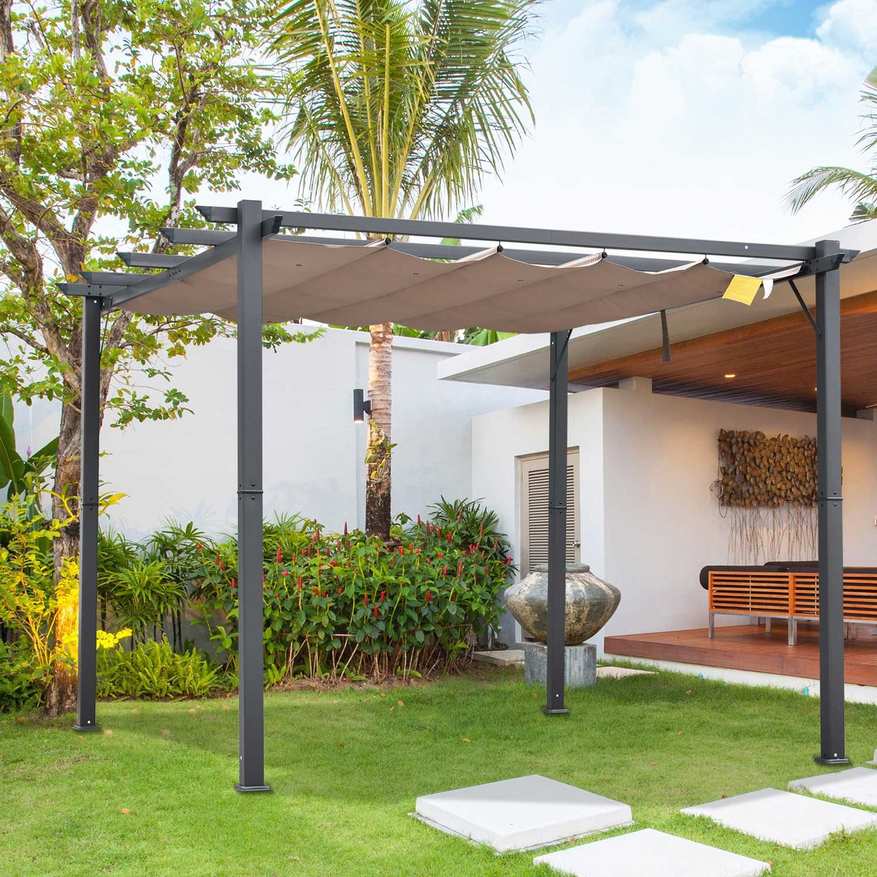 Outsunny Pergola Pavillon Terrassenüberdachung mit Schiebedach Garten Alu Kohlegrau Kaffeebraun 3x3x2,23 m