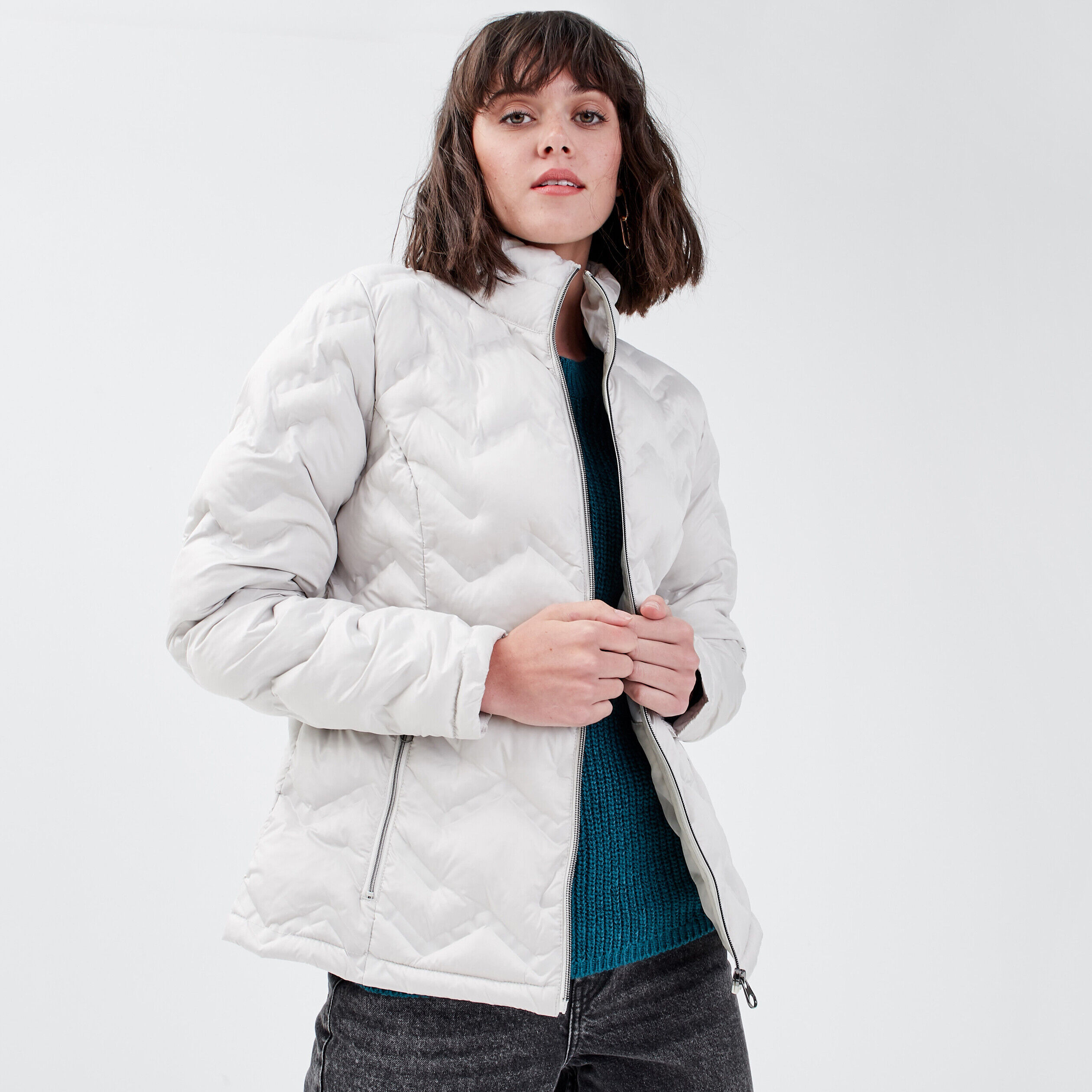 Doudoune droite zippée gris clair femme | Cache Cache