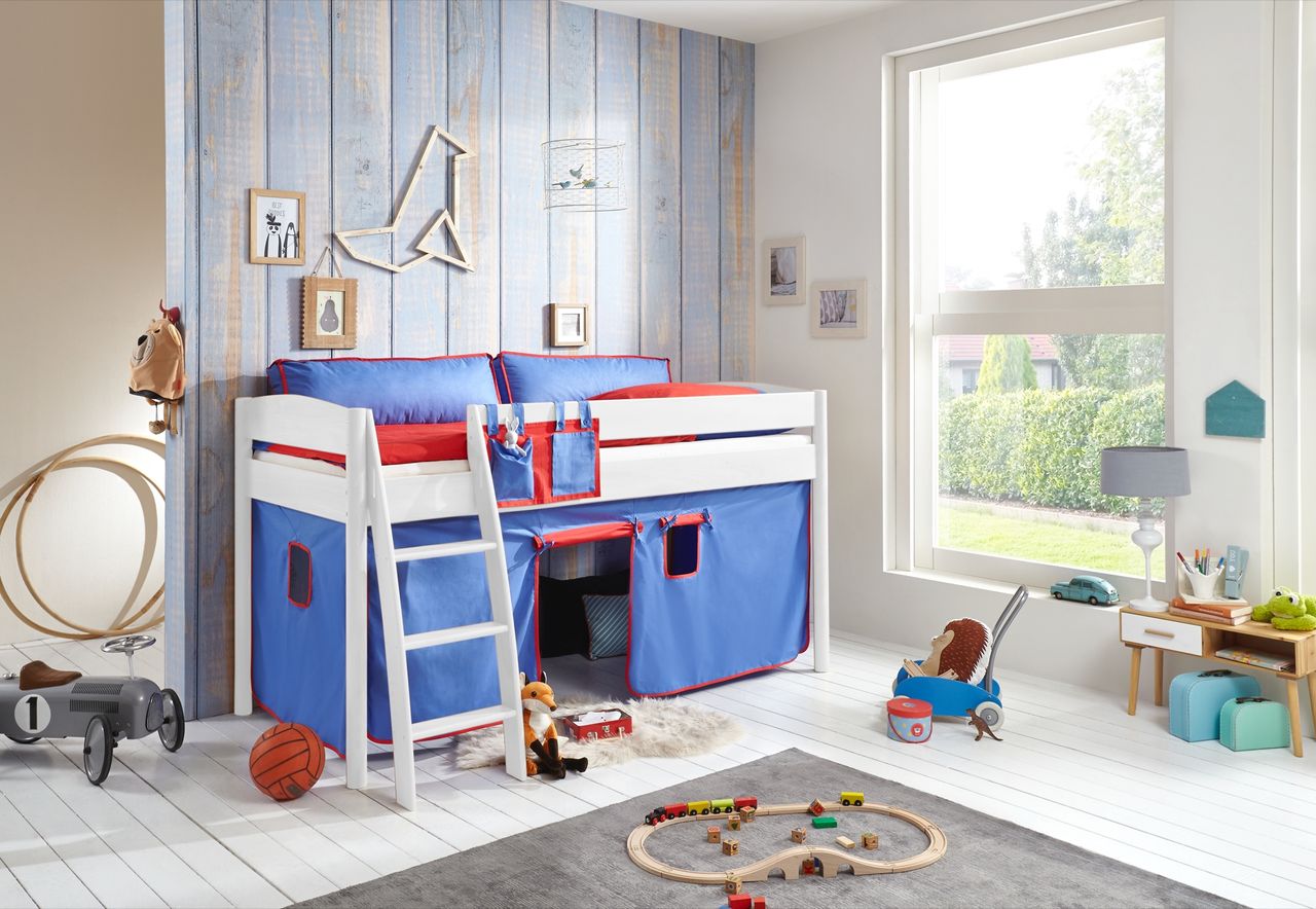 Relita Halbhohes Bett MICHELLE 90x200 cm Buche massiv weiß lackiert, mit Textilset blau/rot