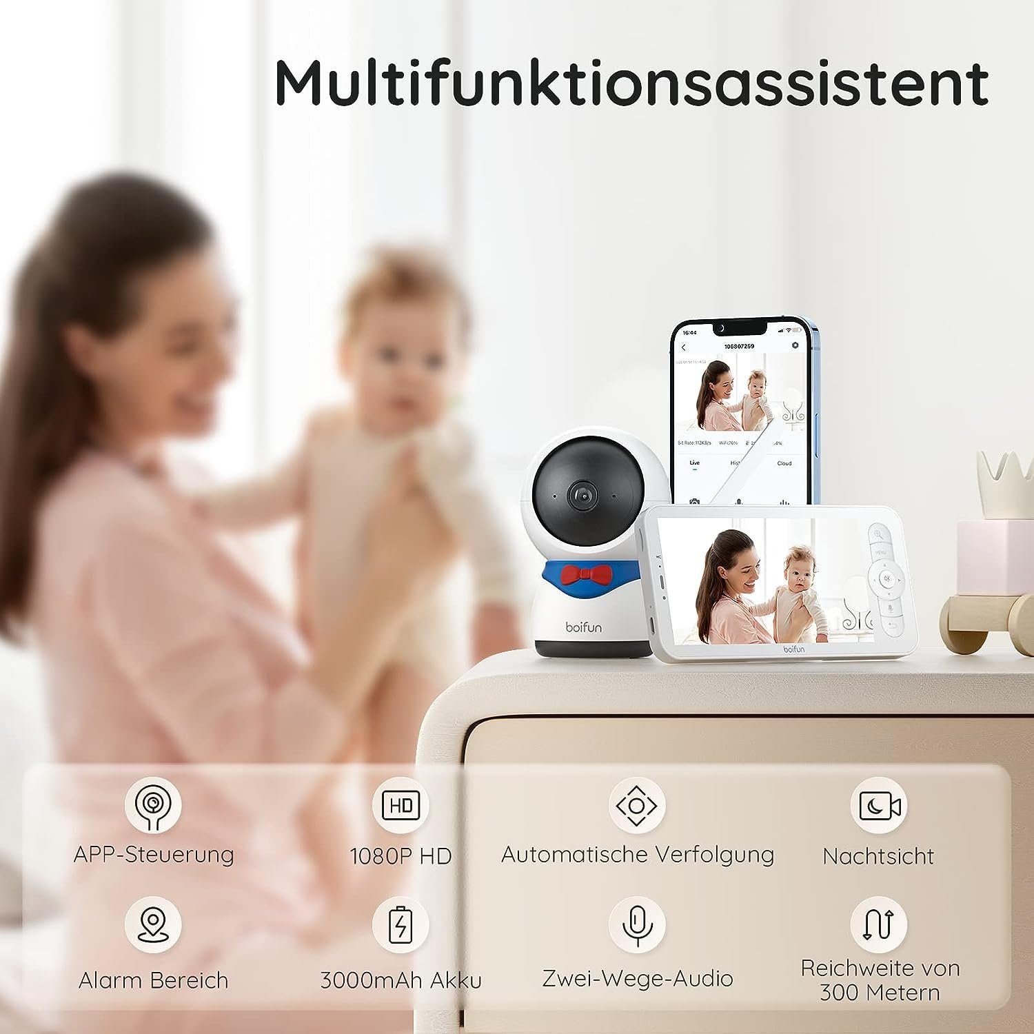 Boifun Babyphone Video-Babyphone Babyphone mit Kamera Mit 32GB SD Karte, 5 Zoll LCD-Display Babyfon,1080P HD, PT 350°/55°, 4×Zoom, mit Kamera App, Automatisches AI-Tracking, Bewegungs/Geräuscherkennung