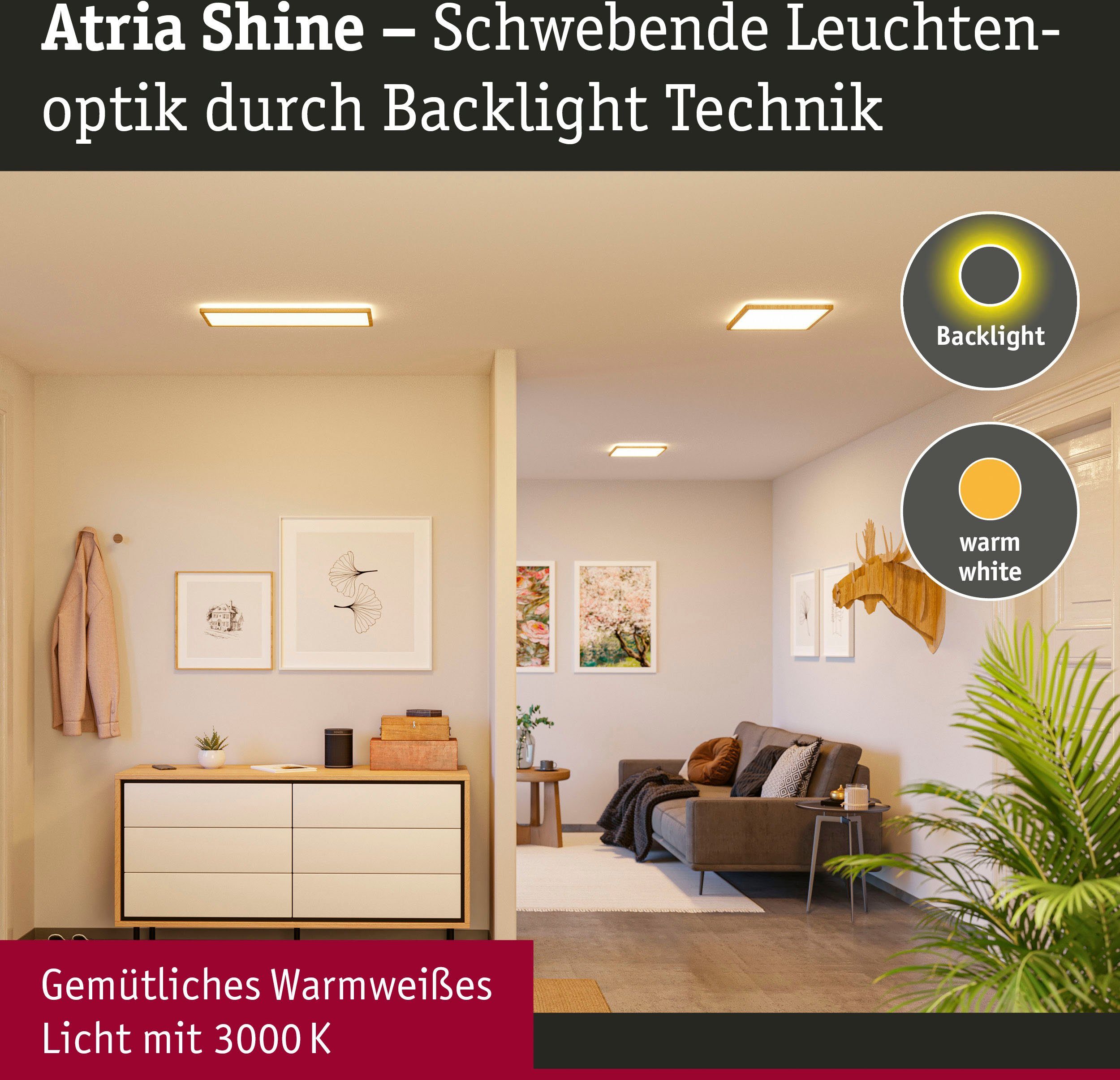 Paulmann LED Panel Atria Shine 22W 3000K 580x200 Eiche Kunststoff IP44, LED fest integriert, Warmweiß, Hintergrundbeleuchtung