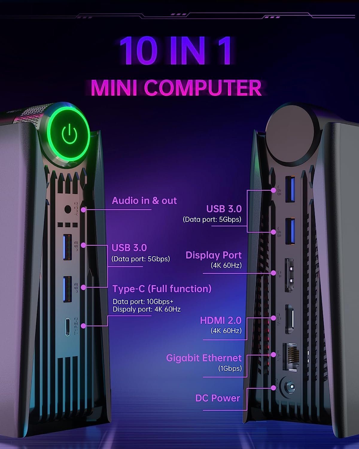 ACEMAGICIAN Mini-PC (AMD Ryzen 7, Radeon RX Vega 8, 32 GB RAM, 512 GB SSD, mit 3-Modi-Anpassung HDMI/DP/Typ-C-3-Bildschirm-Display, 2-WLAN und BT)
