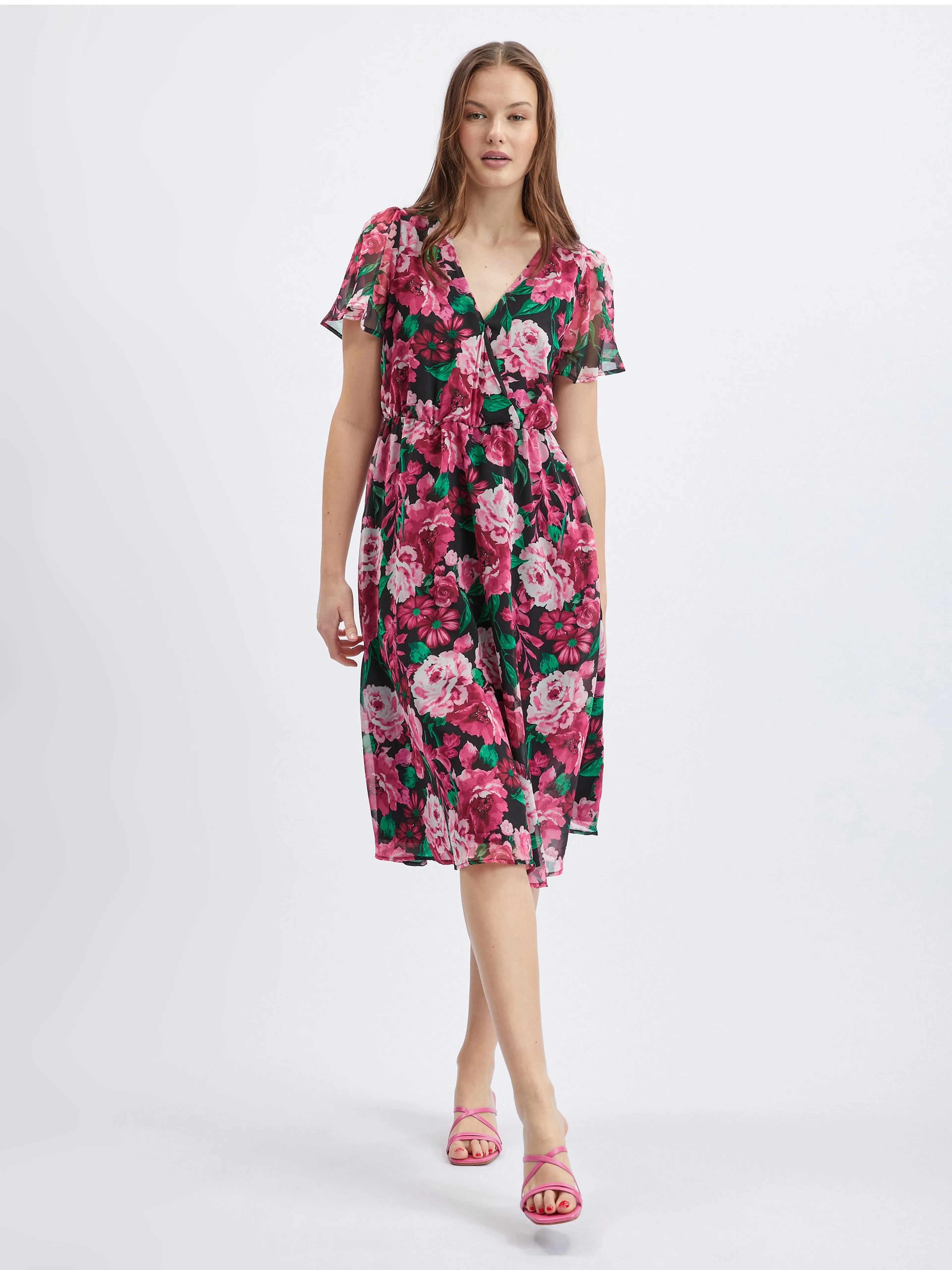 Schwarzes und rosa geblümtes Damenkleid ORSAY