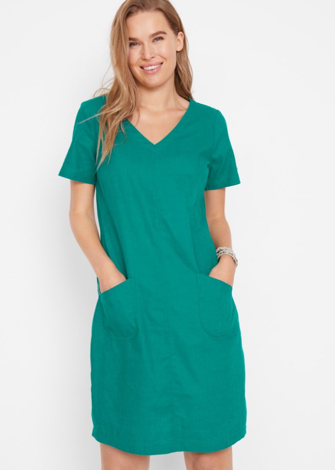 Knielanges Kleid mit Leinen und V-Ausschnitt, Halbarm