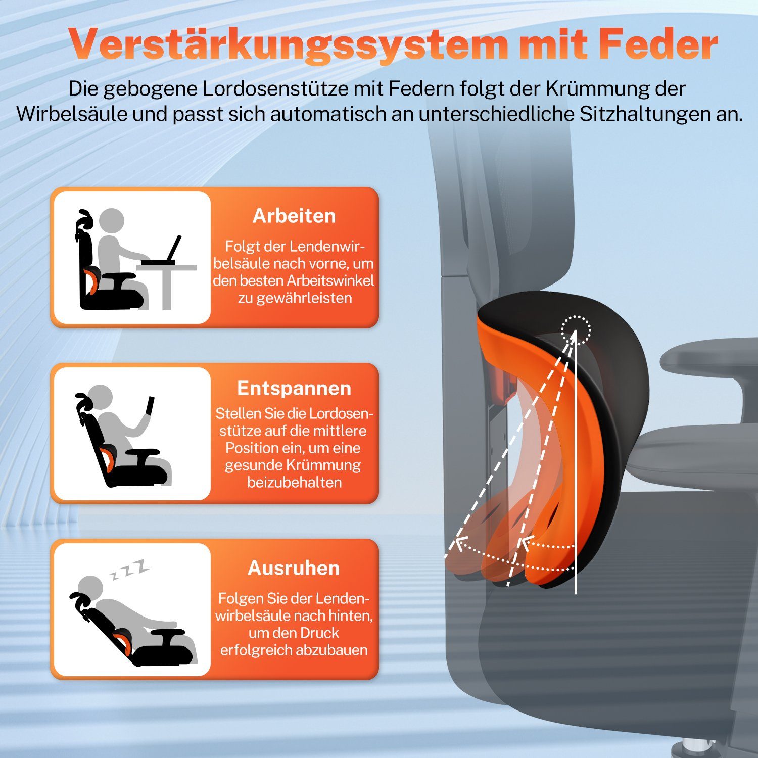 Authmic Bürostuhl Bürostuhl, Drehstuhl, Schreibtischstuhl, Chefsessel, (Bürostuhl ergonomisch mit verstellbarer Kopfstutze, Armlehnen, Lendenwirbelstutze, Atmungsaktiver Netzstuhl, Wippfunktion von 90° bis 135°, Bürostuhl 150kg)