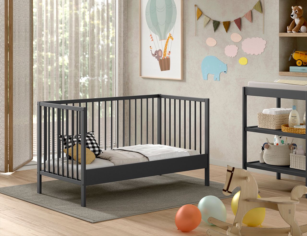 VIPACK Vipack - DINO Baby-/Juniorbett 70 x 140 cm, höhenverst. Lattenrost, Buche massiv anthrazit lackiert