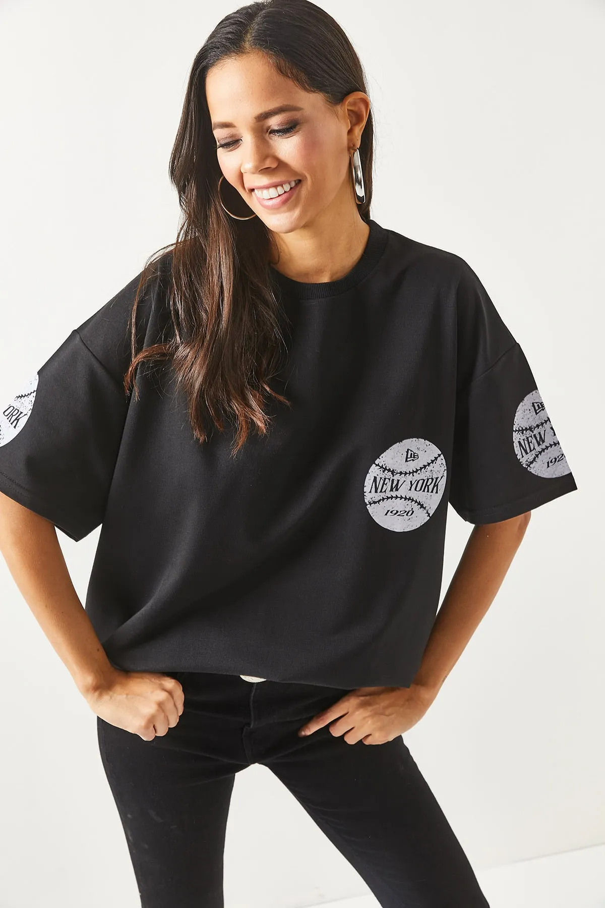 Olalook  Damen-T-Shirt „New York“ in Schwarz, vorne und hinten bedruckt, 2-fädig, Unisex-Oversize-T-Shirt TSH-19000696