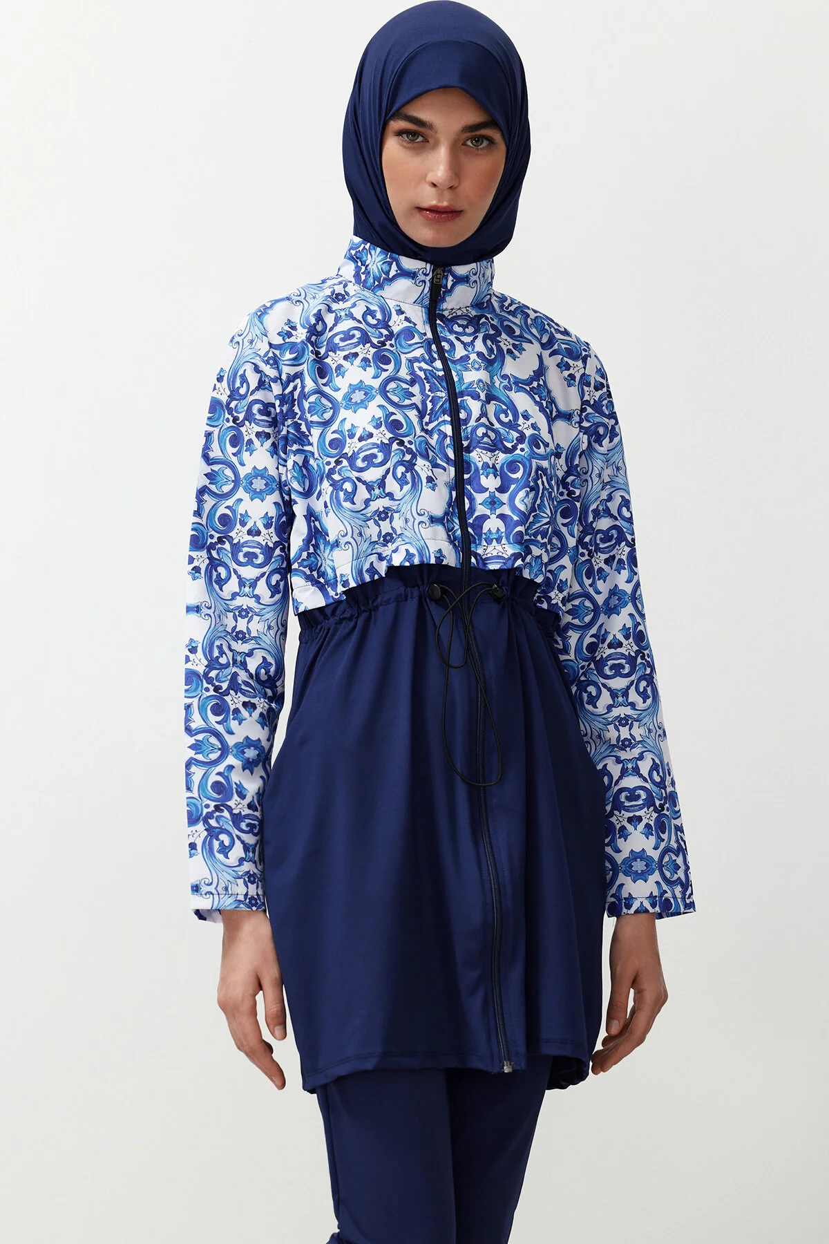 Trendyol Modest  Blaues, vollständig bedecktes, 4-teiliges, gemustertes Badeanzug-Set TCTSS23CF00036