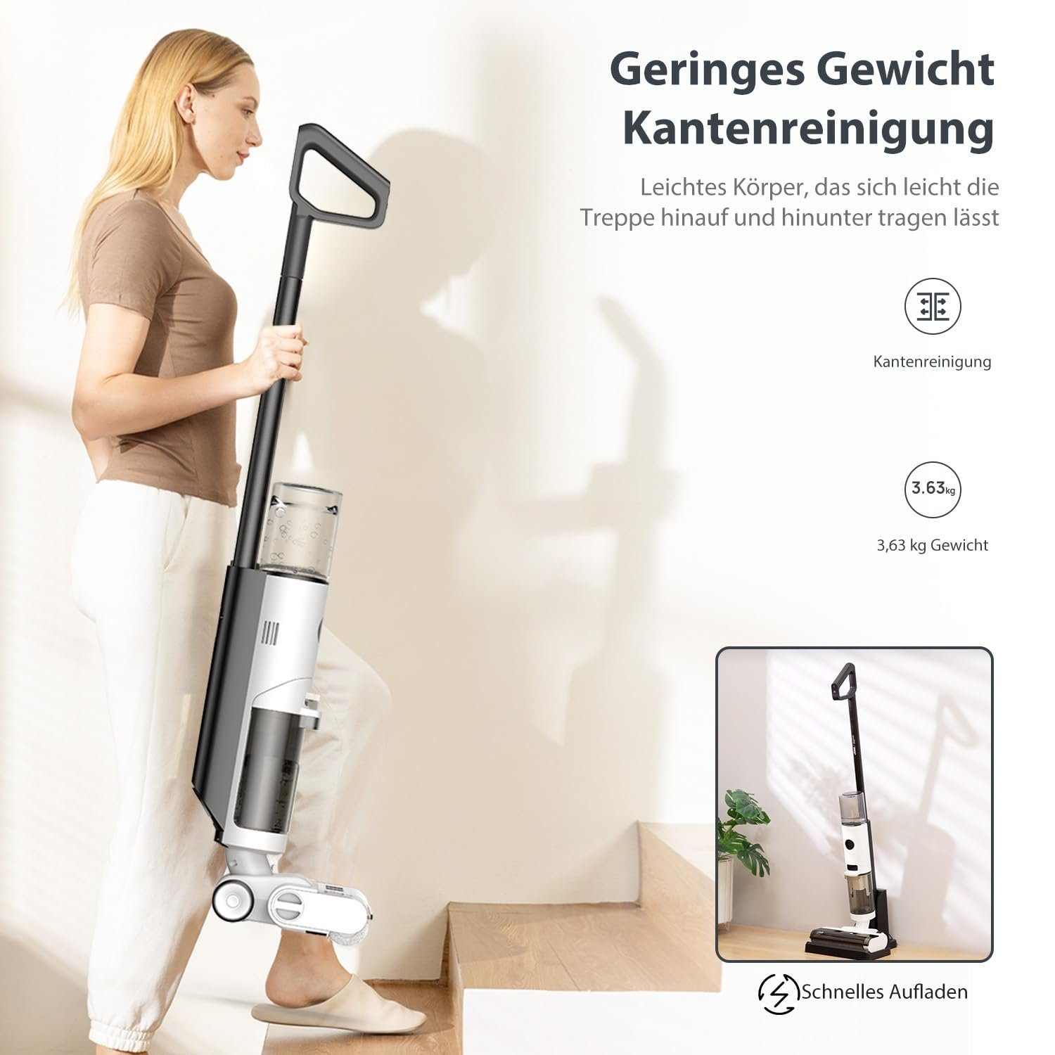 JONR Nass-Trocken-Akkusauger ED12, 200,00 W, Ultraleicht, 30-Minuten, Intelligente Nass-Trocken-Technologie und automatische Reinigungsfunktion, verbessertes Kantenreinigungsdesign, geeignet für Harte Böden