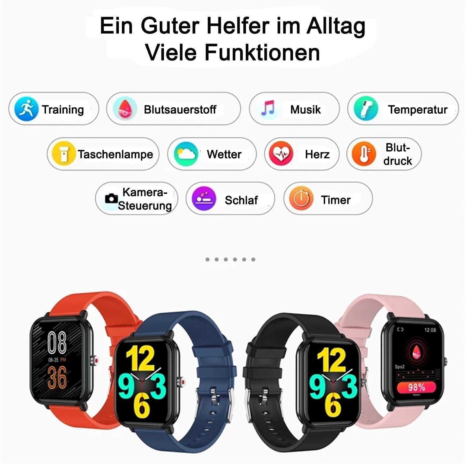 Manike T45MH Smartwatch (4,3 cm/1,69'' HD Voll Touchscreen Zoll) Spar - Set, mit wechselband aus weichem Silikon und Ladenkabel, Herzfrequenzmesser, Analyse von EKG-Daten, Blutdruckmessgerät