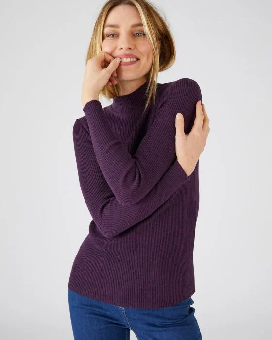 Pull col montant, 50% laine mérinos, uni et rayé
