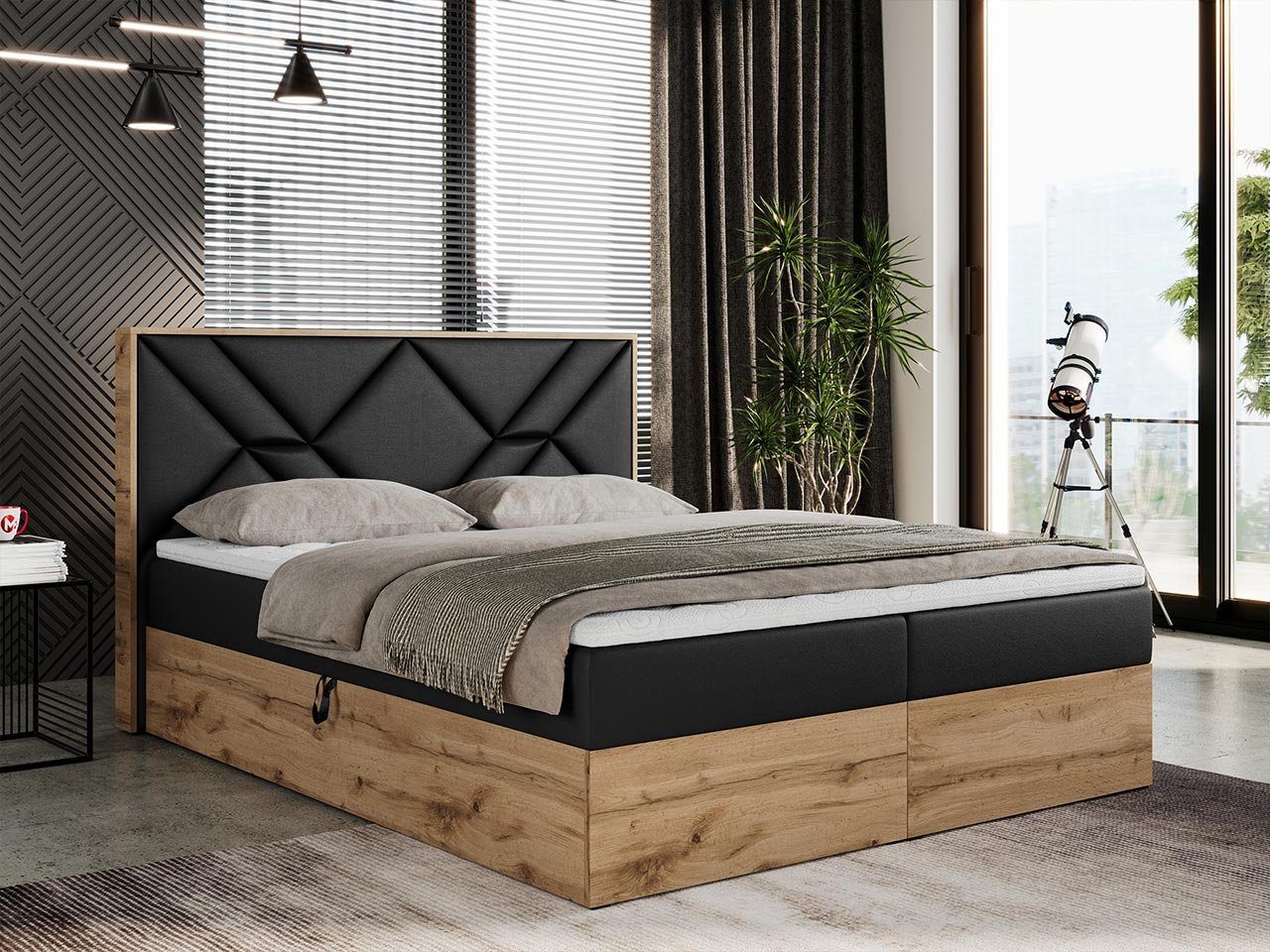 MKS MÖBEL Boxspringbett GUNAR, Doppelbett, Multipocket-Matratze und Topper, Eiche Holzrahmen