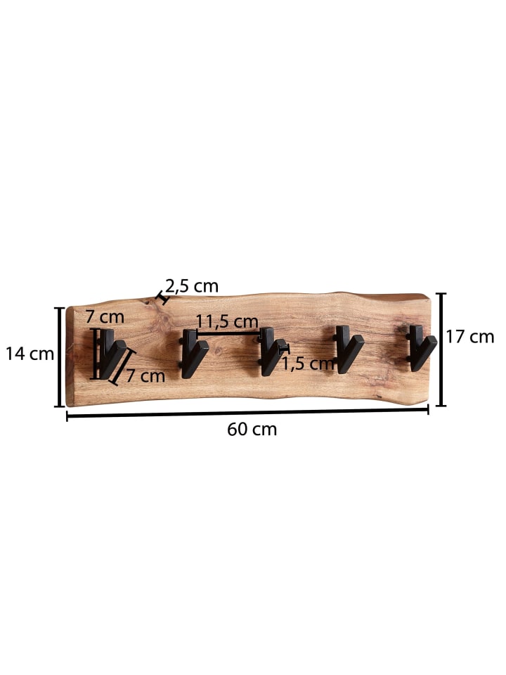 KADIMA DESIGN Wandgarderobe, Akazien-Massivholz & Metall, Naturkante, 60x17x9 cm günstig kaufen onesize