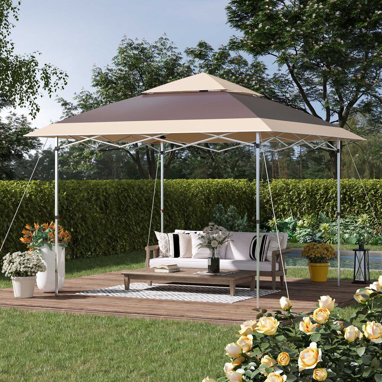 Outsunny Faltpavillon Pop-Up-Zelt Gartenpavillon Rollentasche Oxford-Gewebe 3,6 x 3,6 m Dunkelbraun   khaki