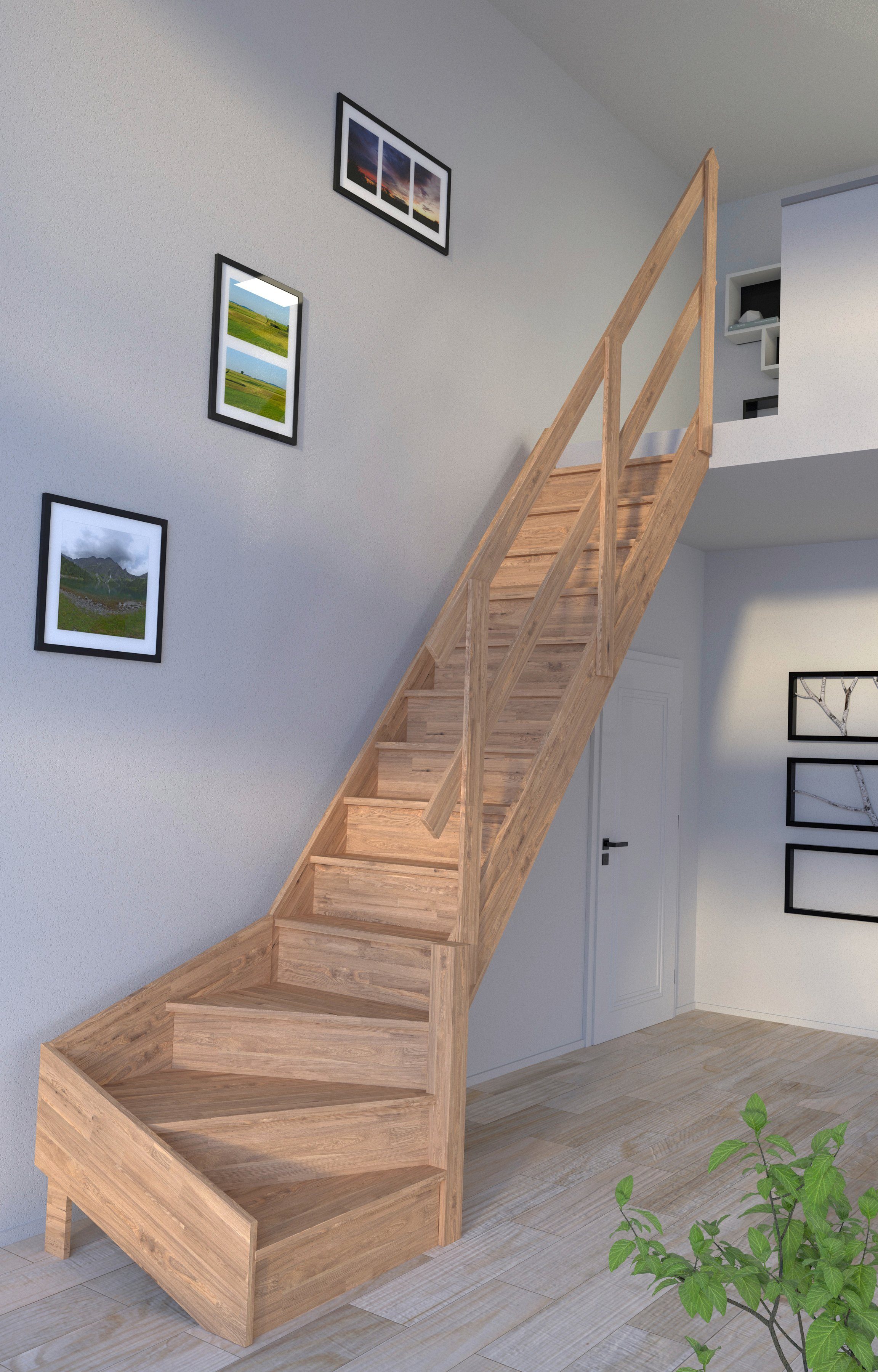 Starwood Raumspartreppe Massivholz Rhodos, Holzgeländer, für Geschosshöhen bis 300 cm, Stufen geschlossen, gewendelt Rechts, Durchgehende Wangenteile