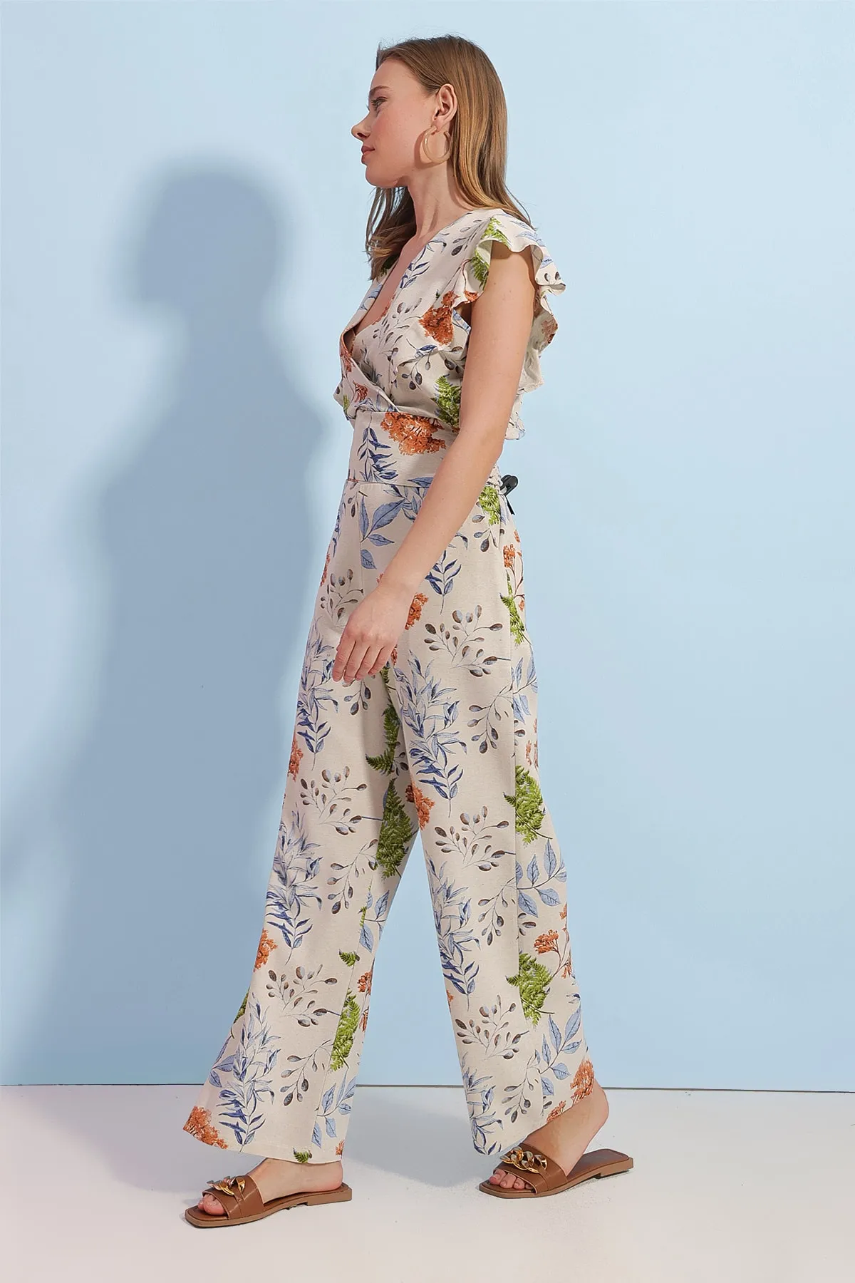 Pattaya  Damen-Set mit floral gemustertem Gipe-Detail-Unterteil und Oberteil aus Leinen P23s191-1342