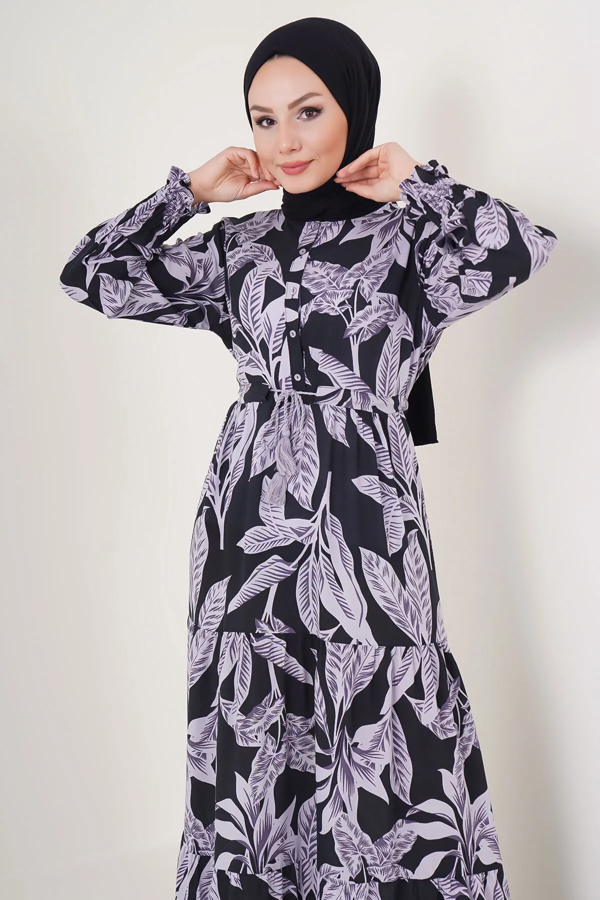 Bigdart  2145 Gemustertes Hijab-Kleid – D. Schwarz