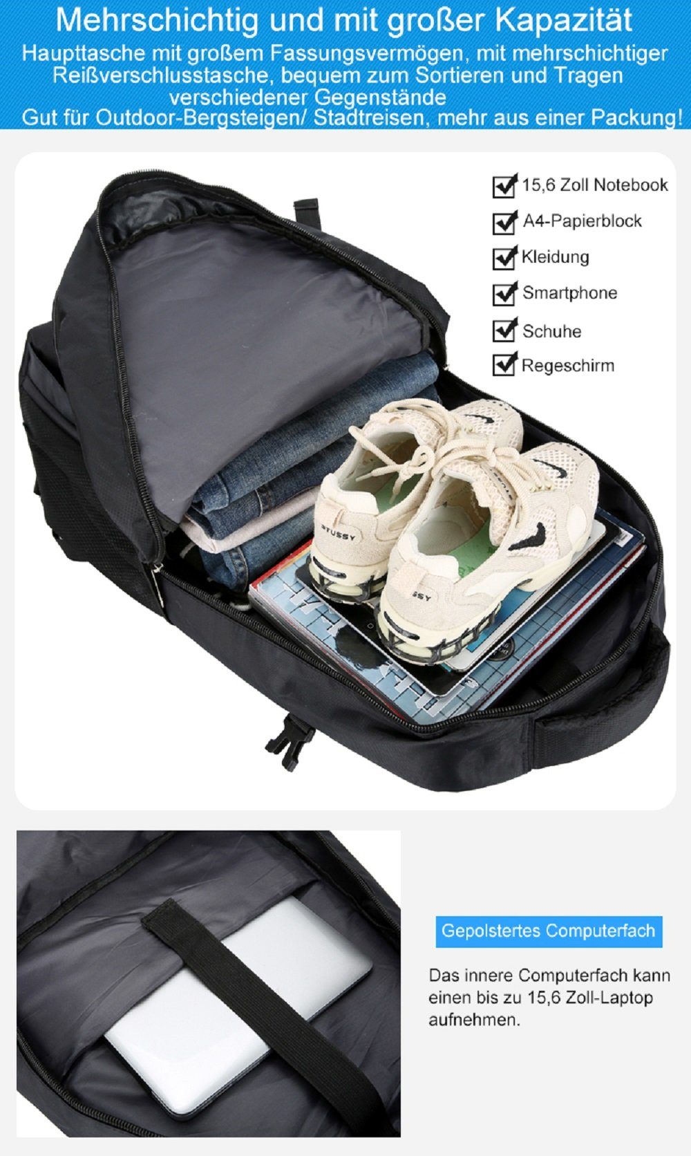 RAIKOU Rucksack 60L Wasserdichter Wanderrucksack Kletterrucksack Reiserucksack (Kletterfischer, Faltbare), ultraleichter, packbarer