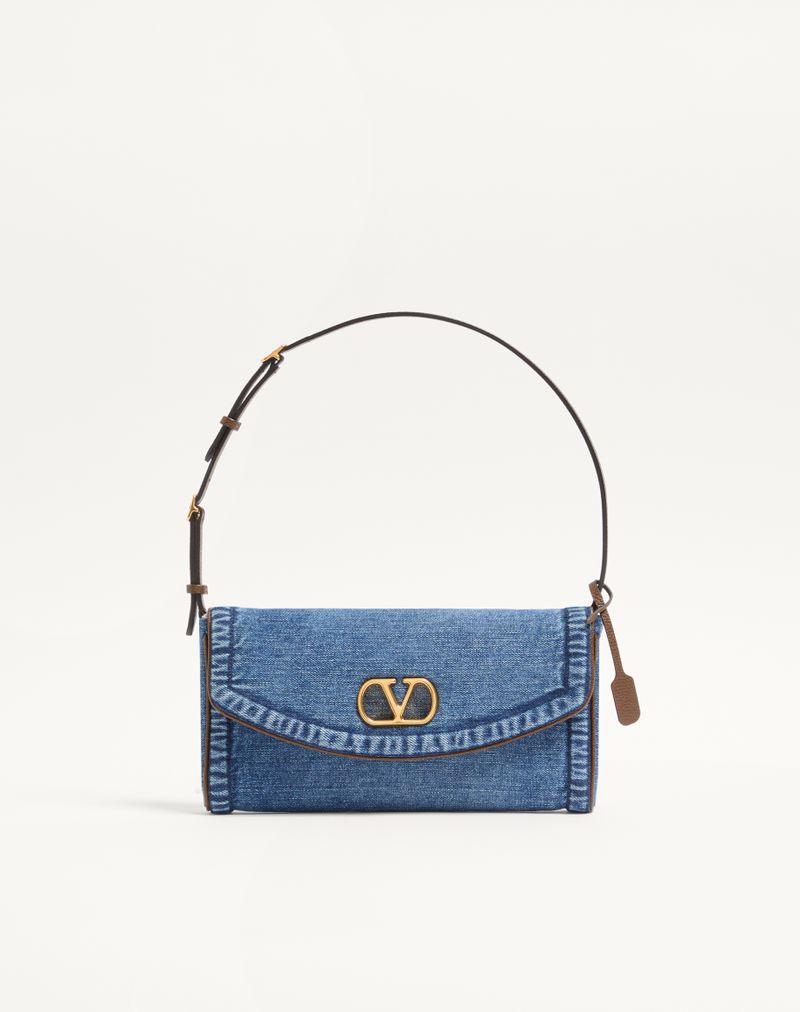 Bolsa de ombro pequena Valentino Garavani Devain em jeans