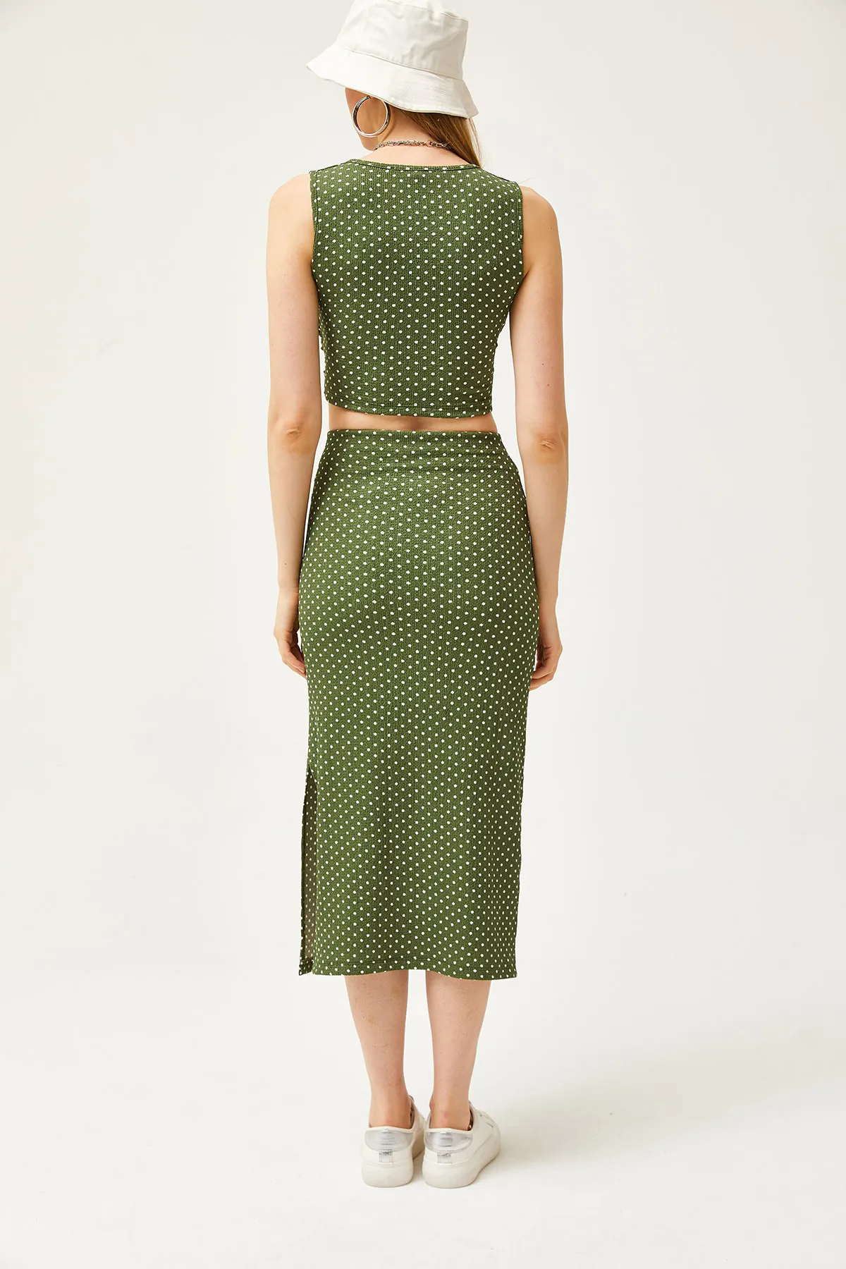 Olalook  Grünes gepunktetes Oberteil für Damen, Bluse, Unterteil, Rock, Strickunterteil, Oberteil-Set TKM-19000281