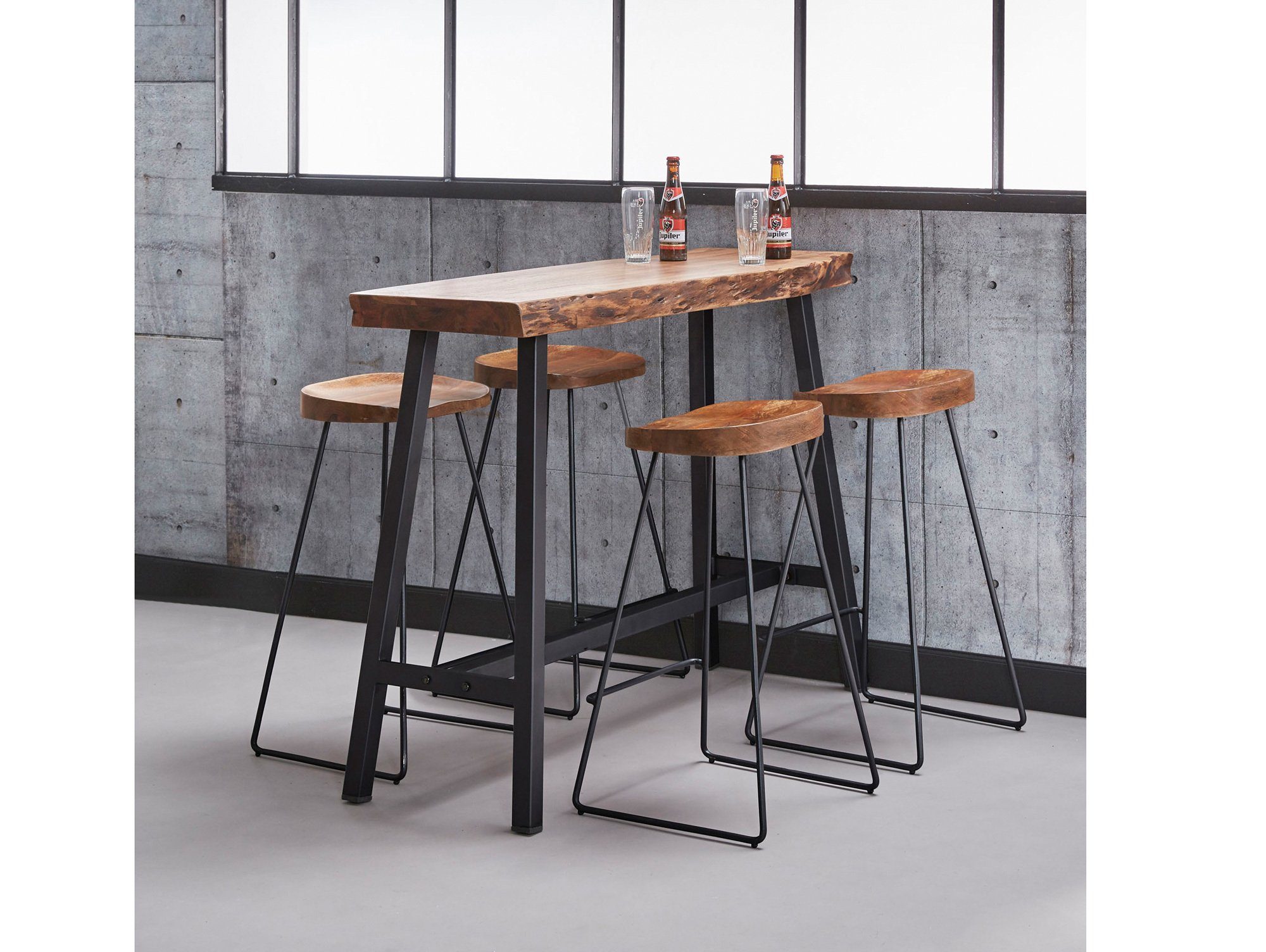 Moebel-Eins Bartisch, JARON Barhocker, Material Massivholz/Metall, Sitzfläche Akazie + Gestell schwarz