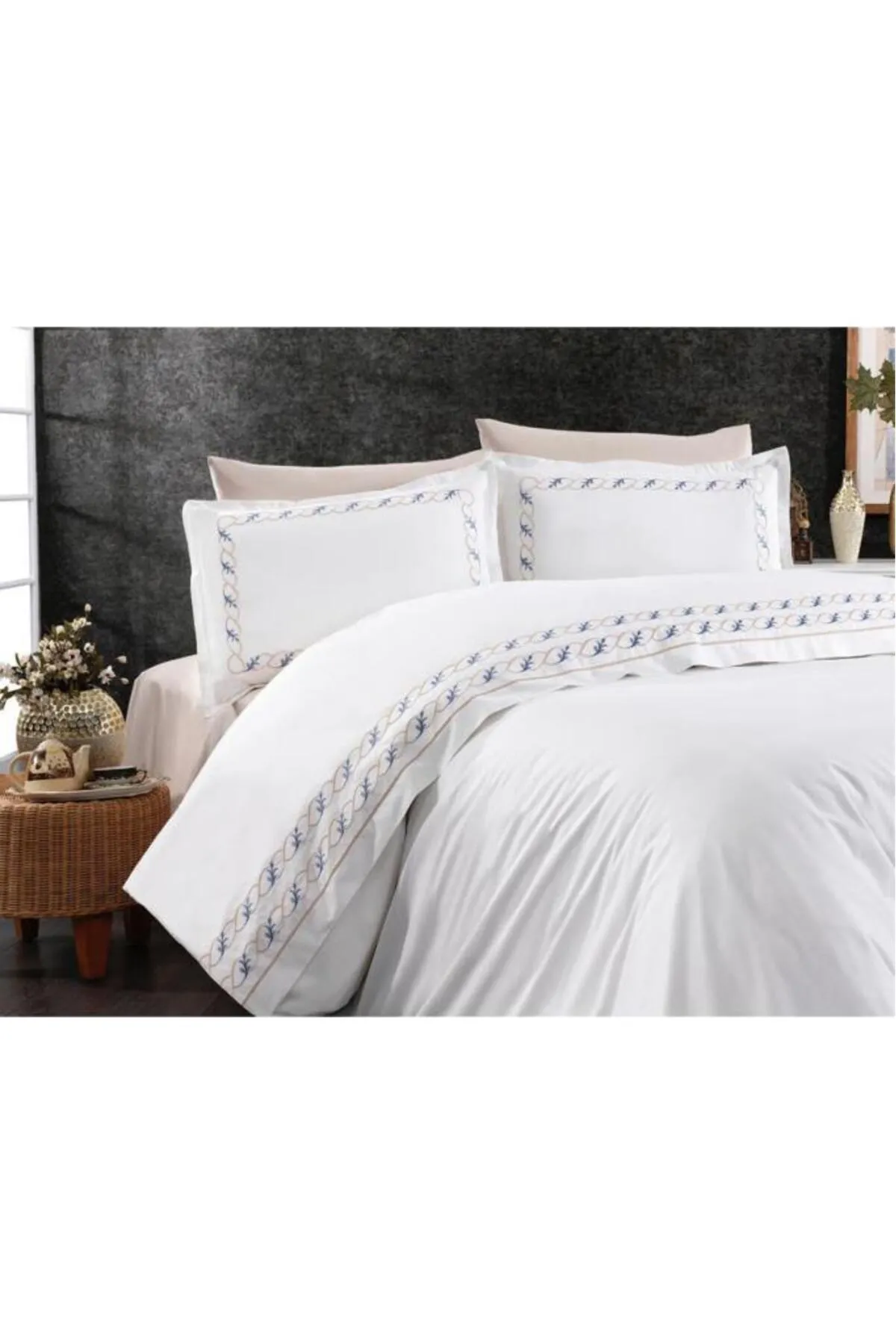 Çeyiz Diyarı  Bettwäscheset für Doppelbett, 100 % Baumwolle, mit Tulpenstickerei, Grau