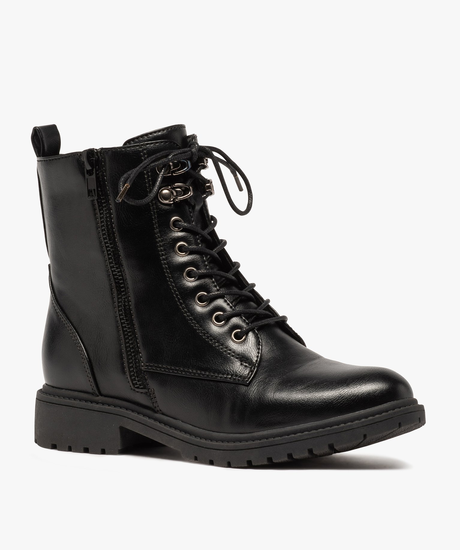 Boots femme unis à semelle crantée et zip décoratif noir | GEMO
