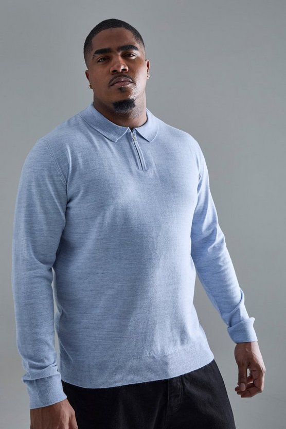 Plus blaues Poloshirt mit verdecktem Reißverschluss