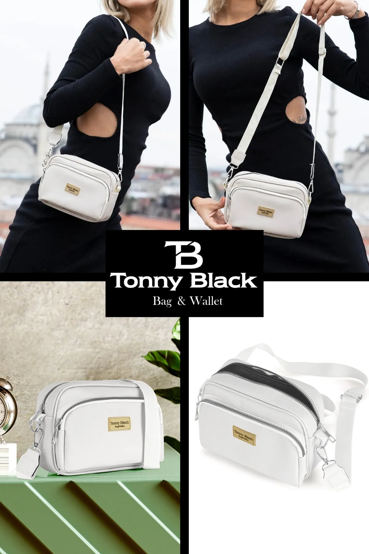 Tonny Black  Original Damen-Umhängetasche mit bequemem Säulengurt, diagonal verstellbarem Gurt und zwei Ösen, wasserdicht