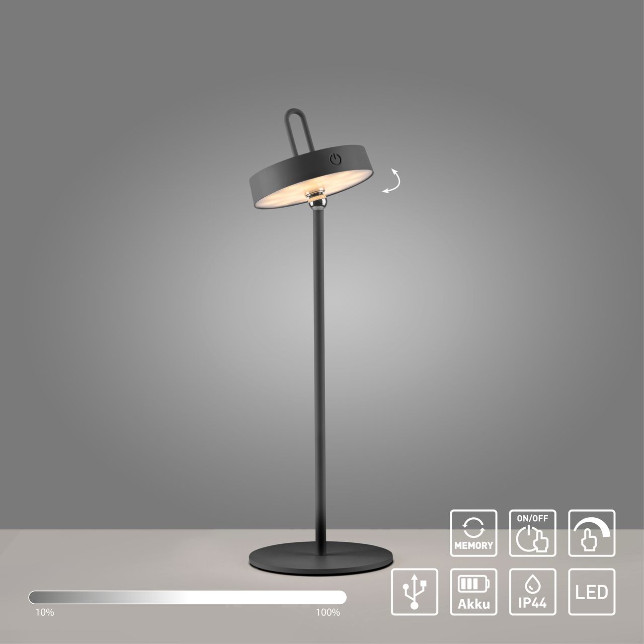 JUST LIGHT Akku Tischleuchte AMAG, 1x LED-Board/1,50Watt/2700Kelvin, IP44, Schwarz