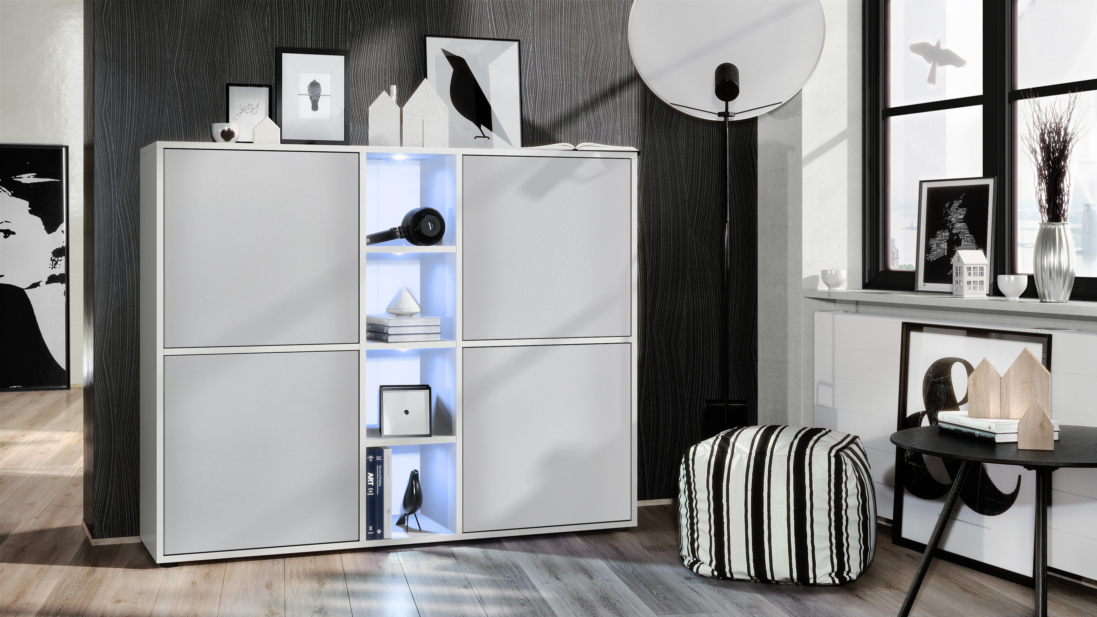 Vladon Highboard Cuba (Highboard, mit 12 Fächern, inkl. RGB LED Beleuchtung), Korpus in Weiß matt / in Hellgrau seidenmatt (130,5x105,5x35,5 cm)