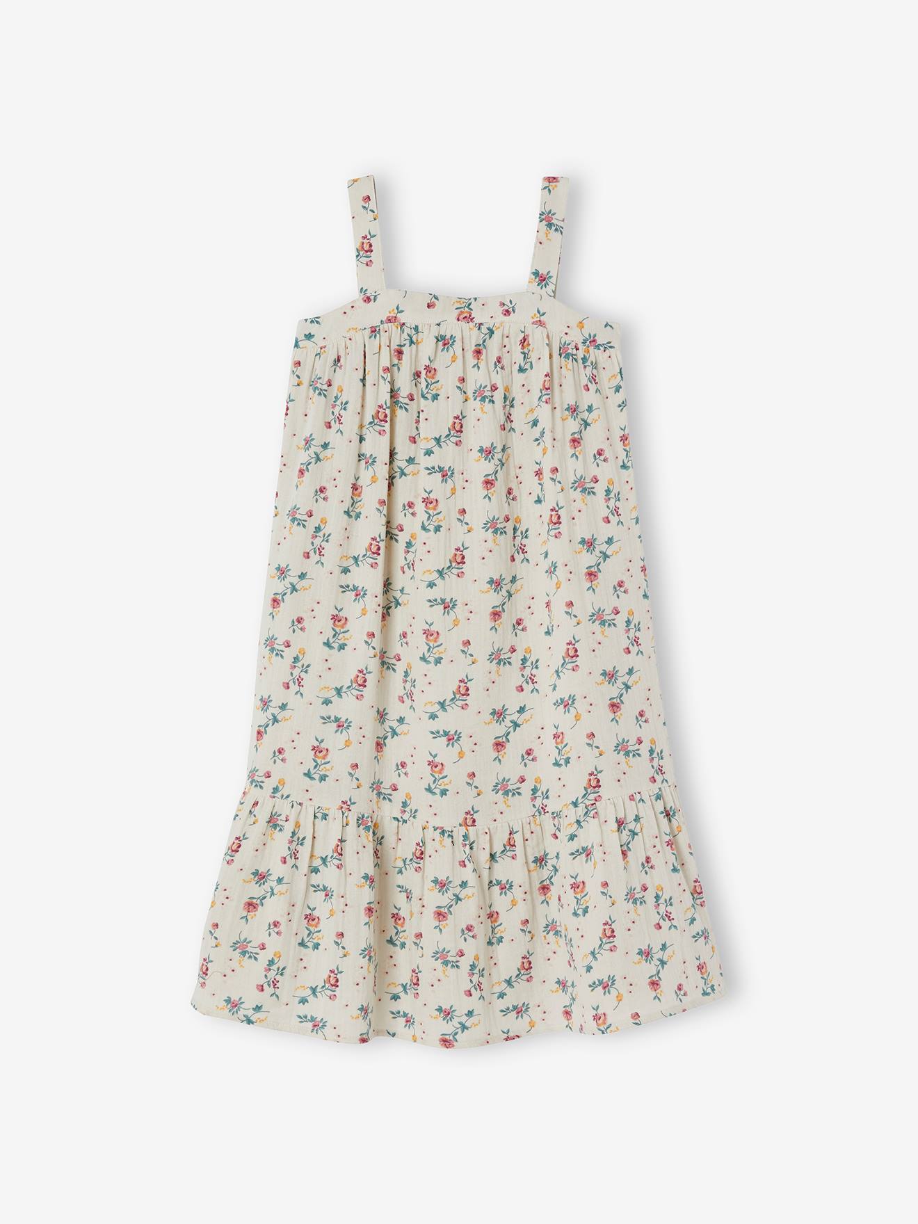Robe longue en gaze de coton fille ivoire imprimé