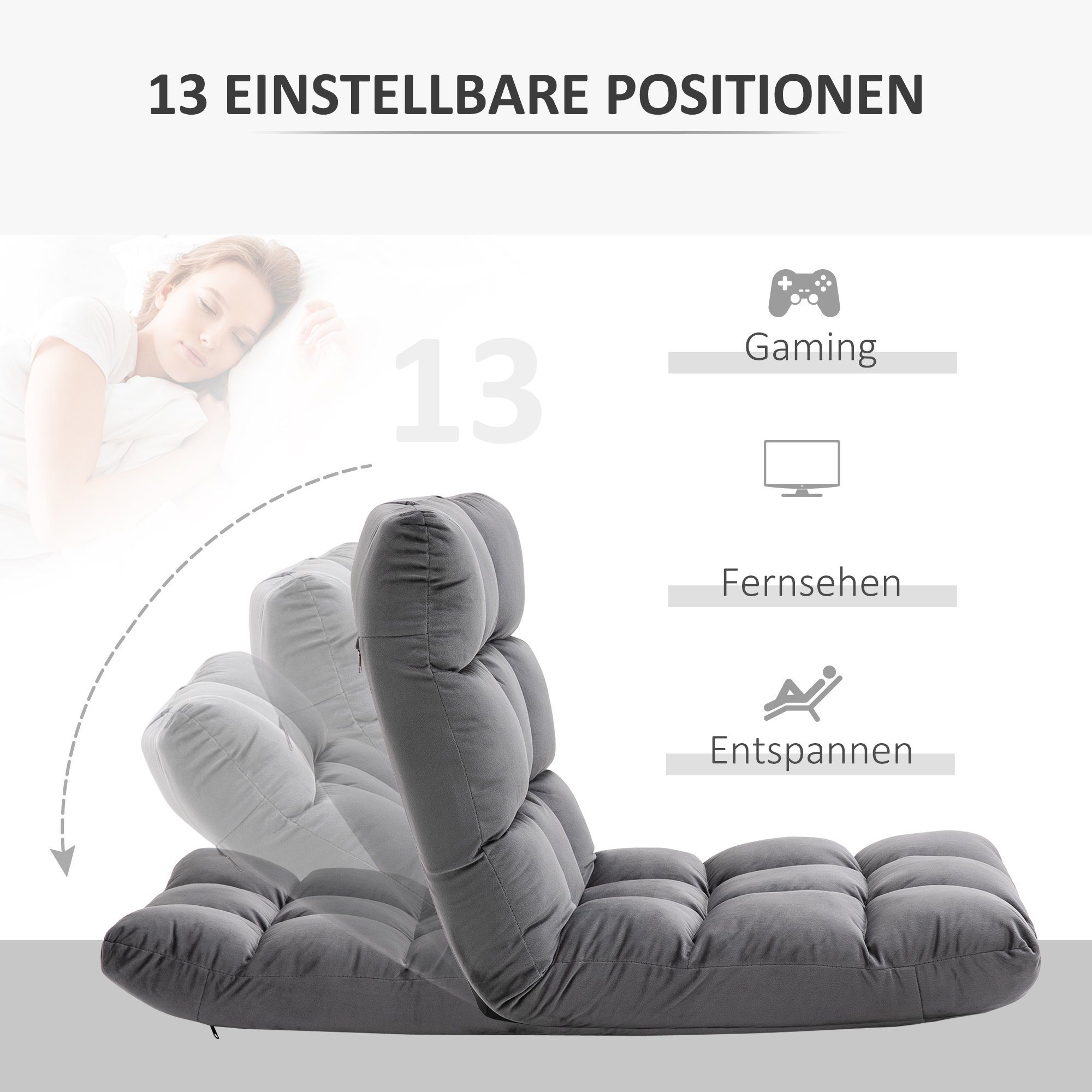 HOMCOM Sitzkissen Bodenstuhl 2-in-1 Klappbar Bodensessel mit Rückenlehne, Metall Schaumstoff Dunkelgrau 55 x 71 x 53,5 cm