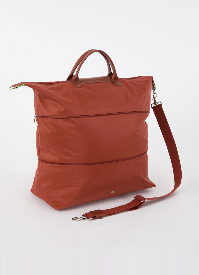 Longchamp Le Pliage Green laajennettava matkalaukku nahkayksityiskohdilla