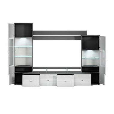 möbelando Wohnwand Gate, Moderne Wohnwand, Front aus MDF in Weiß Hochglanz, Korpus aus melaminharzbeschichteter Spanplatte in Anthrazit, bestehend aus 1 TV-Lowboard, 1 Wandboard und 2 Vitrinen, mit insgesamt 2 Türen, 7 Schubladen und 9 Einlegeböden,