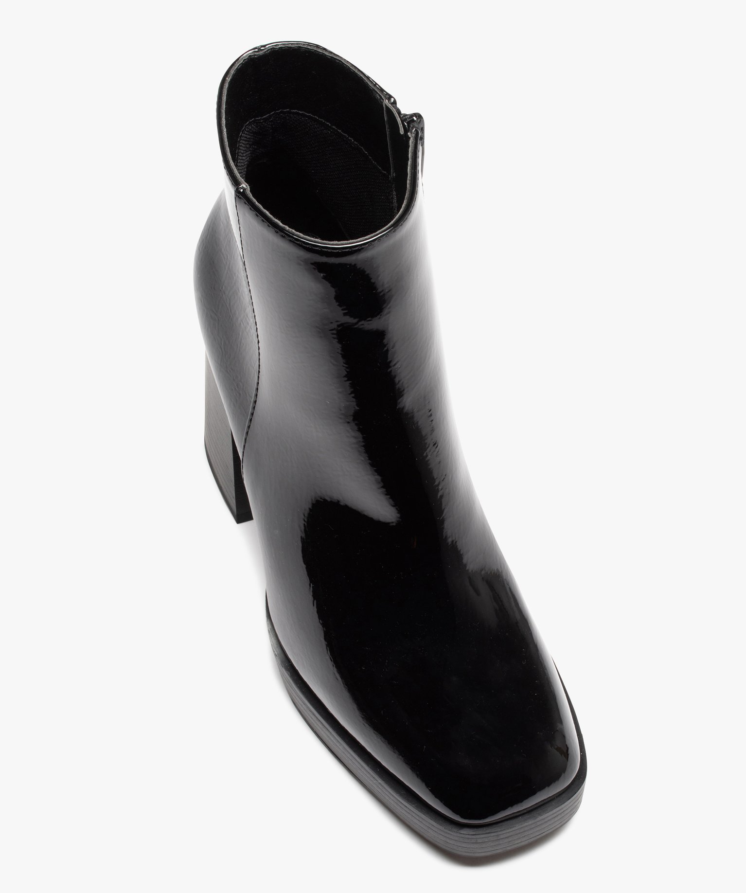 Boots femme vernies à talon haut avec bout carré noir | GEMO